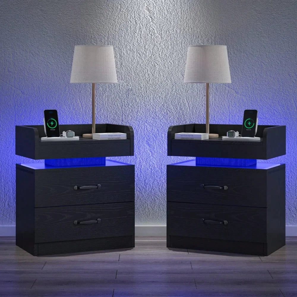Modern LED Nightstand Set of 2 With USB Charging Station