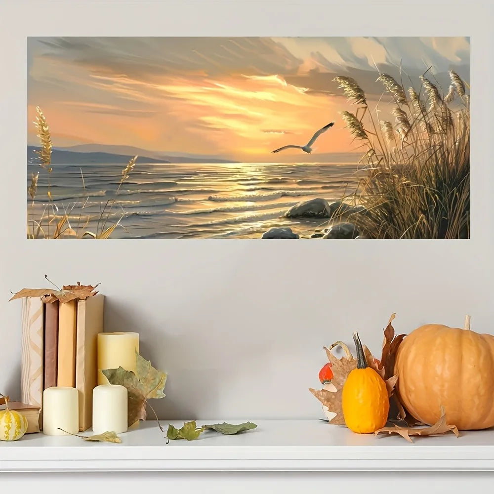 Sunset Beach Art Seascape Canvas Painting On Pine Frame