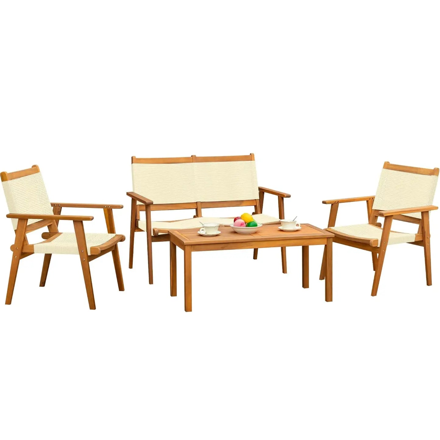 Acacia Wood 4 Piece Conversation Set Hand Woven Rope Seats