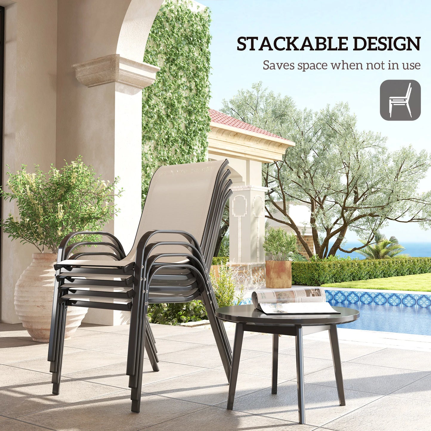 Set Of 4 Outdoor Stackable Patio Dining Chairs With Metal Frames