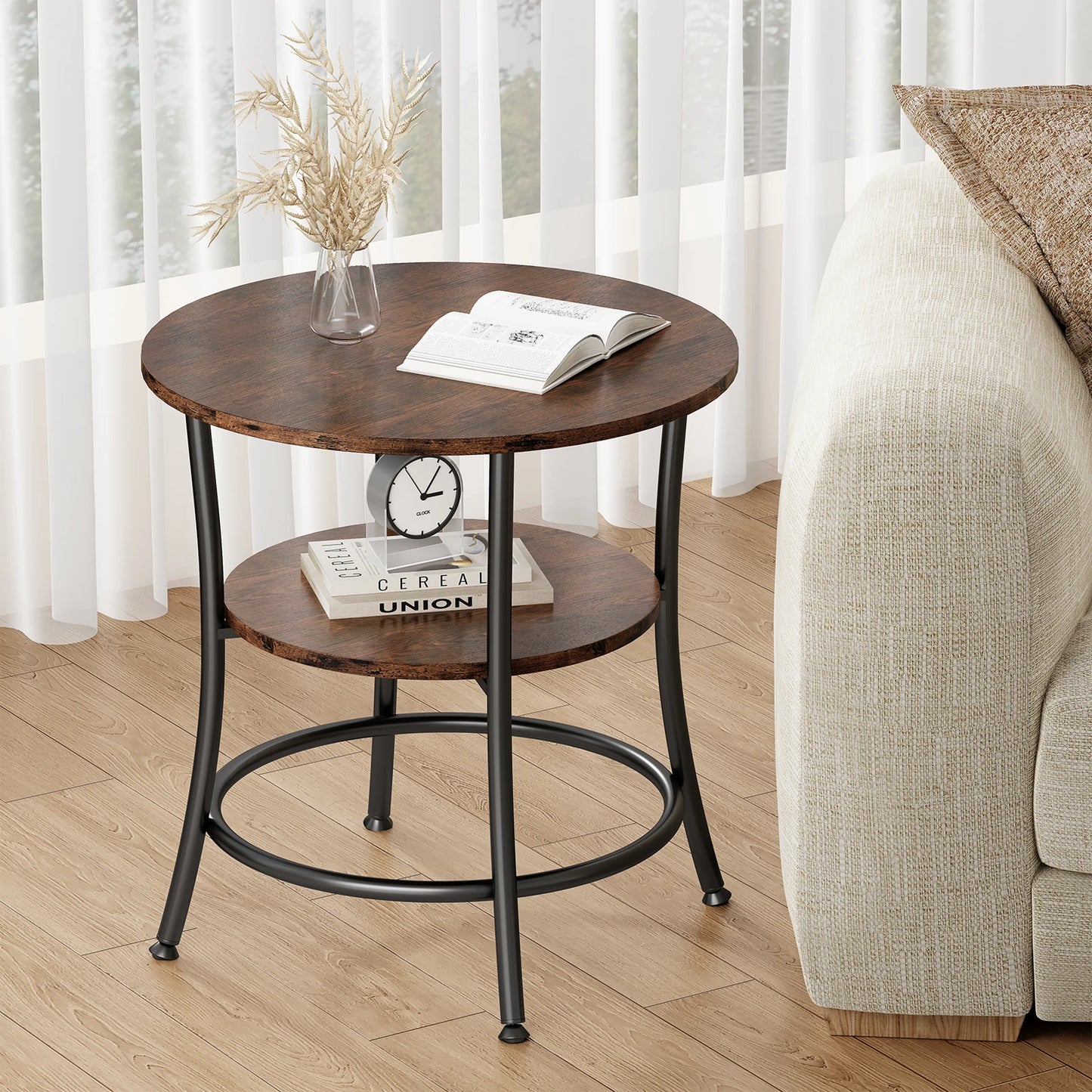 JHK Round Coffee Table With Storage Shelf, 2-Tier Design
