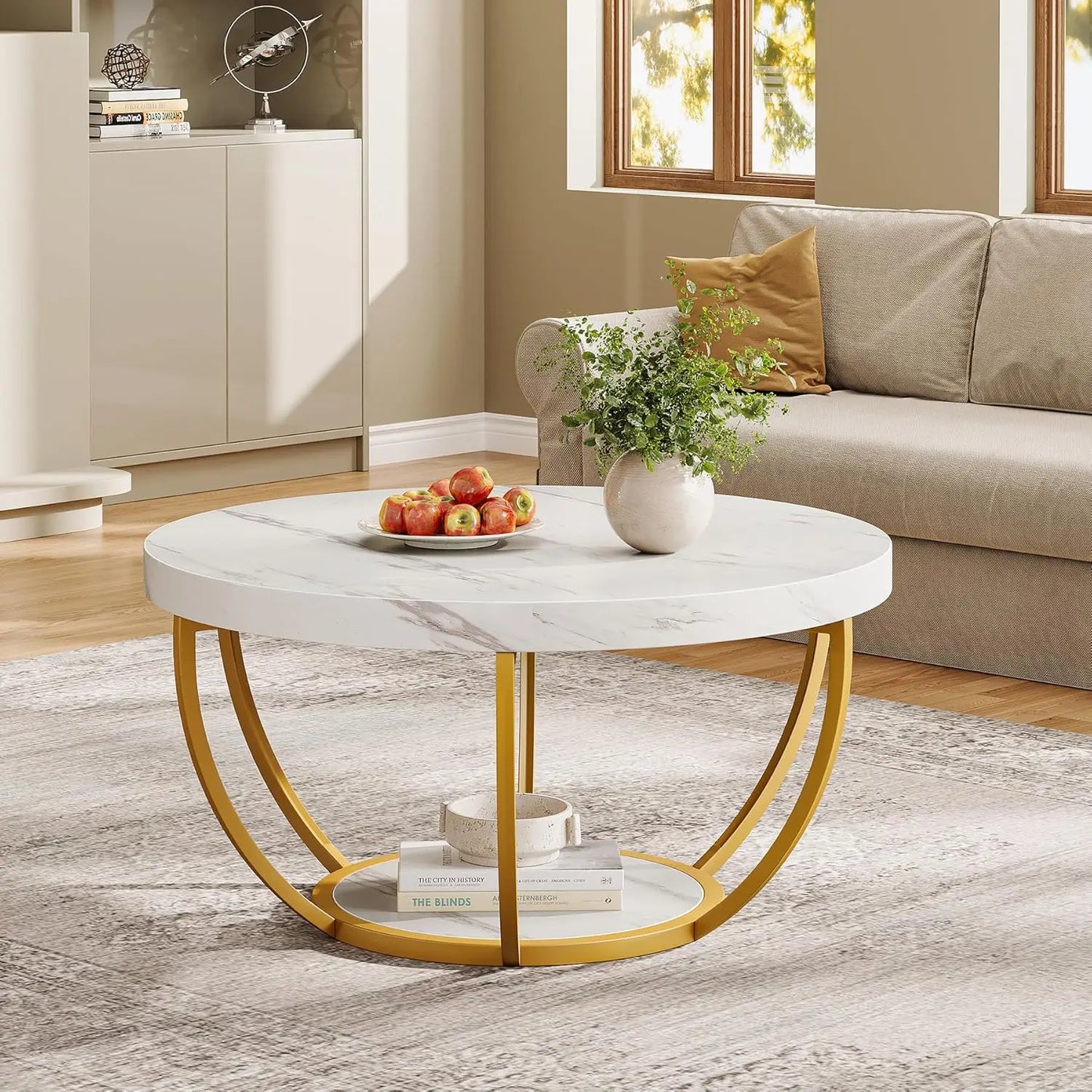 Little Tree Marble Coffee Table With Metal Legs Open Storage
