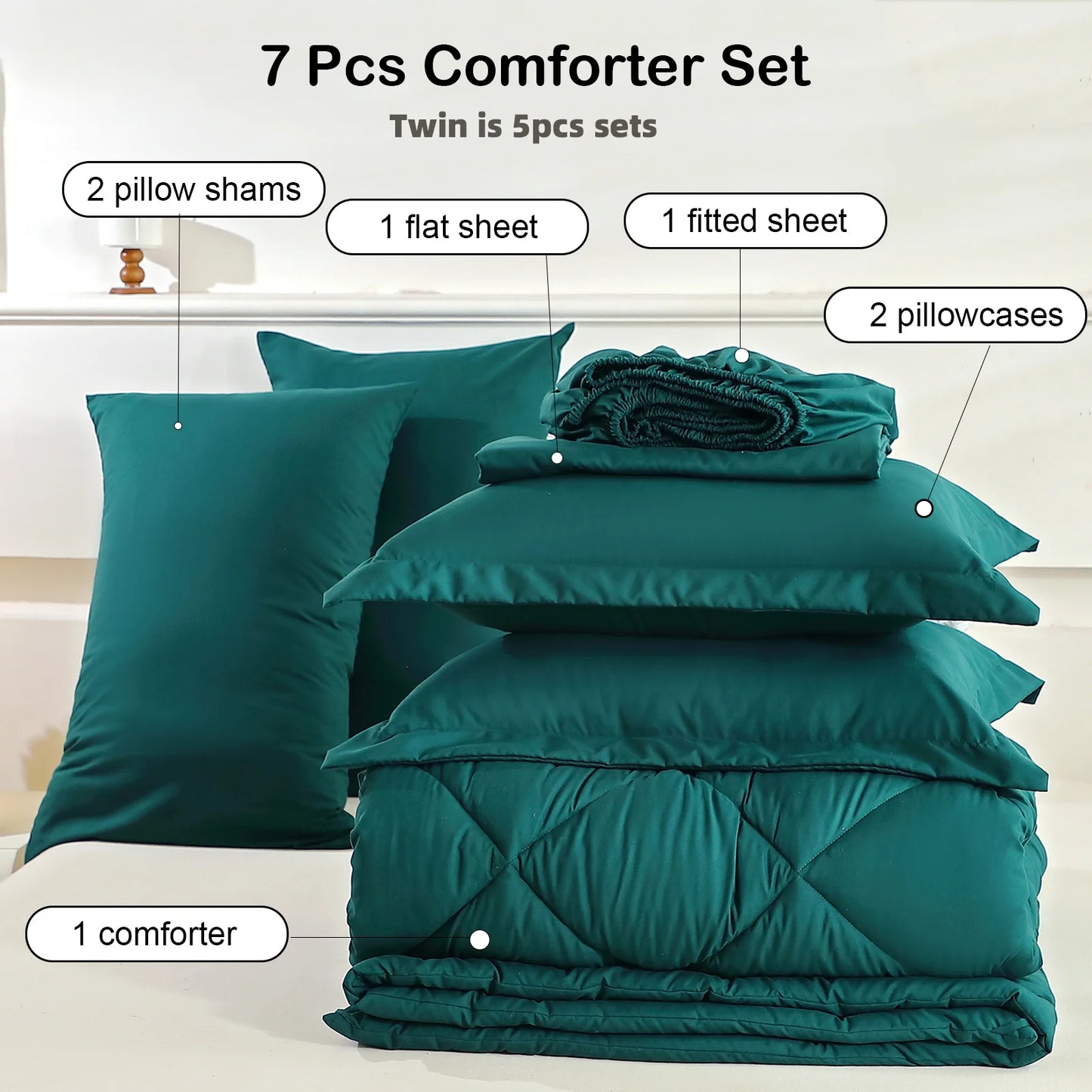 EasYum 7 Piece Bedding Set Comforter Flat Fitted Sheet Pillowcase