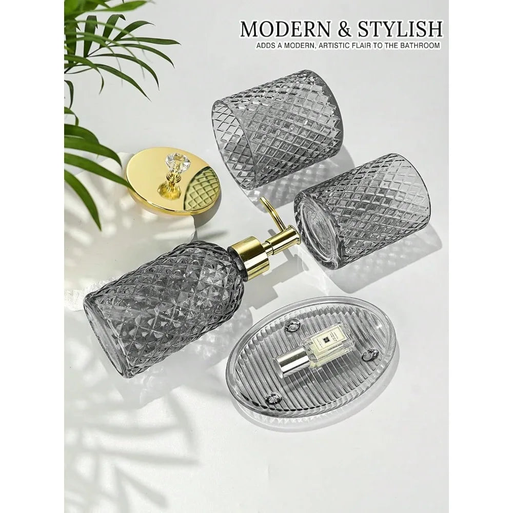 Bathroom Accessories Set 4 Lotion Dispenser Toothbrush Holder Cotton Swab Jar