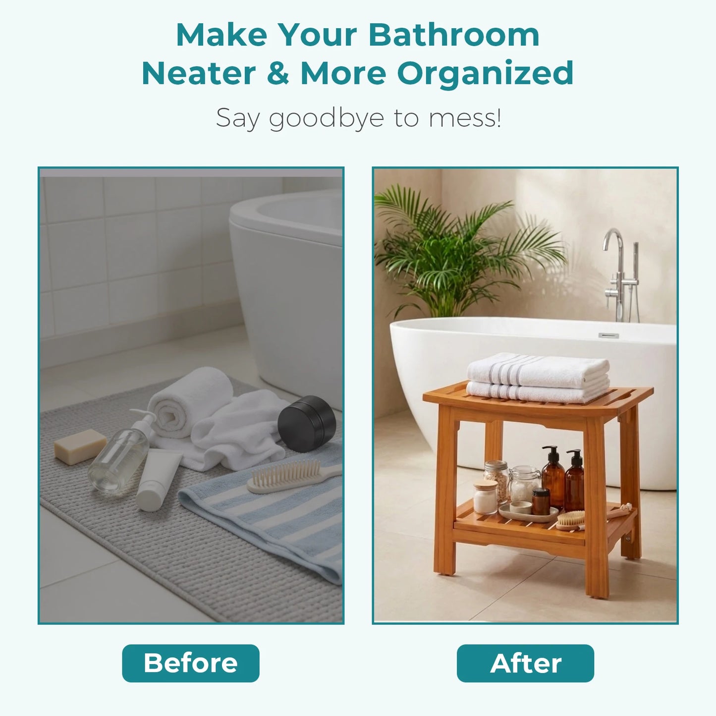MCQ Solid Wood Shower Bench With Integrated Storage Shelf