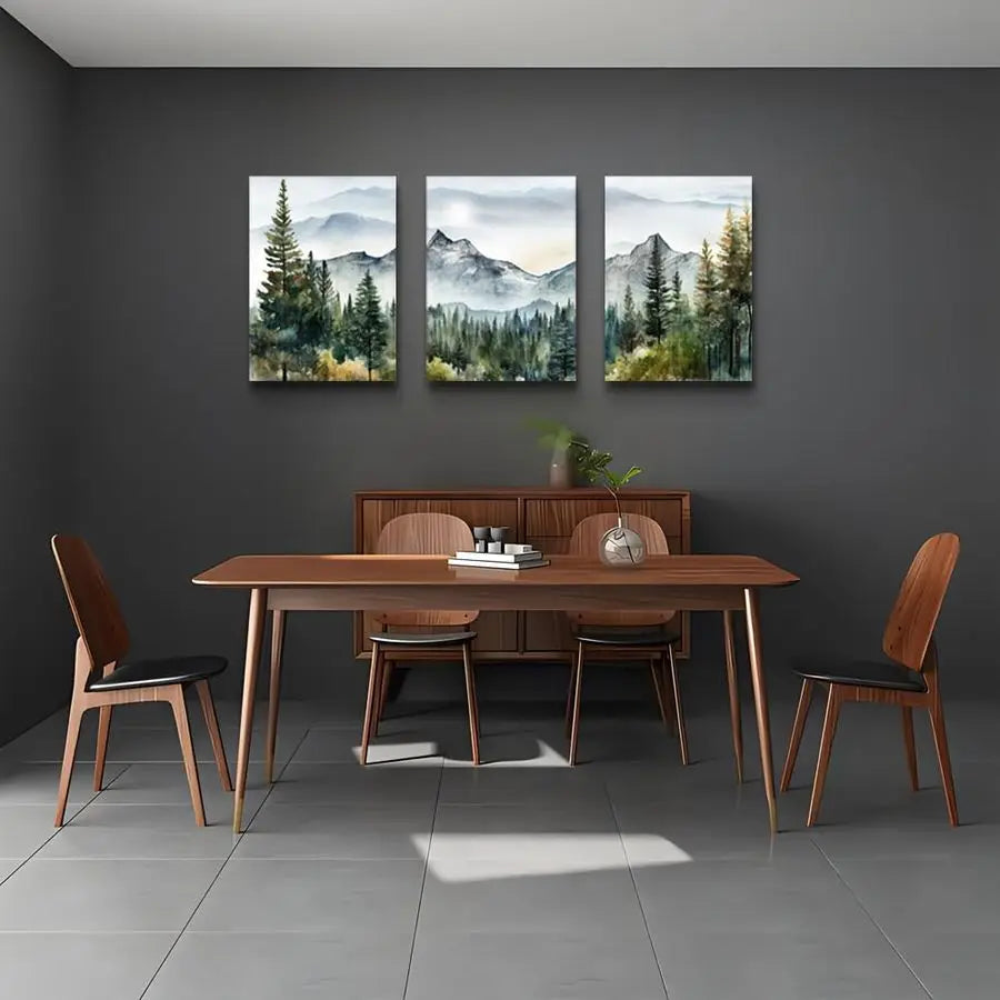 Three Piece Framed Canvas Wall Art Set Mountain Forest Abstract
