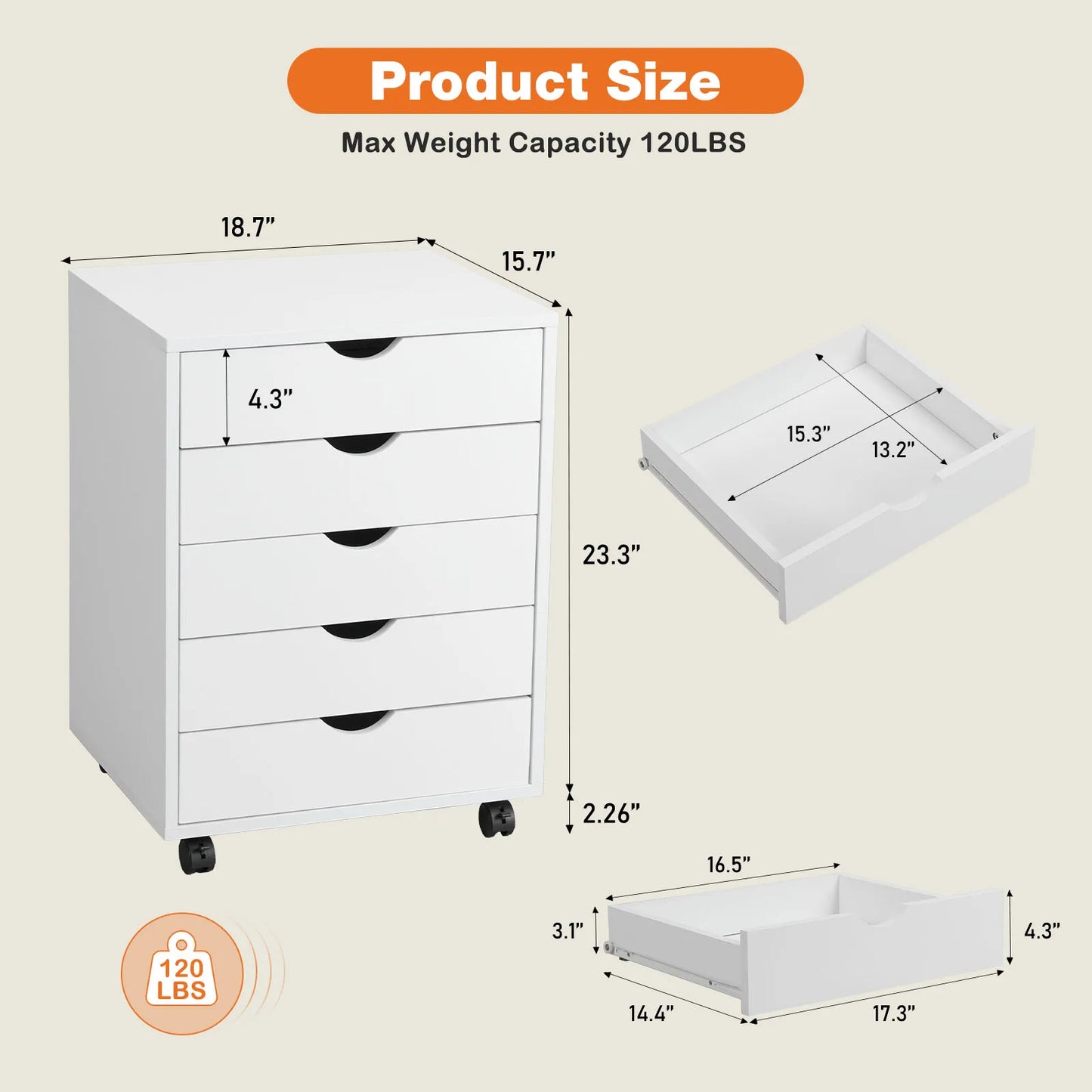 JHK Wood Nightstand 5 Drawer Storage Organizer With Wheels
