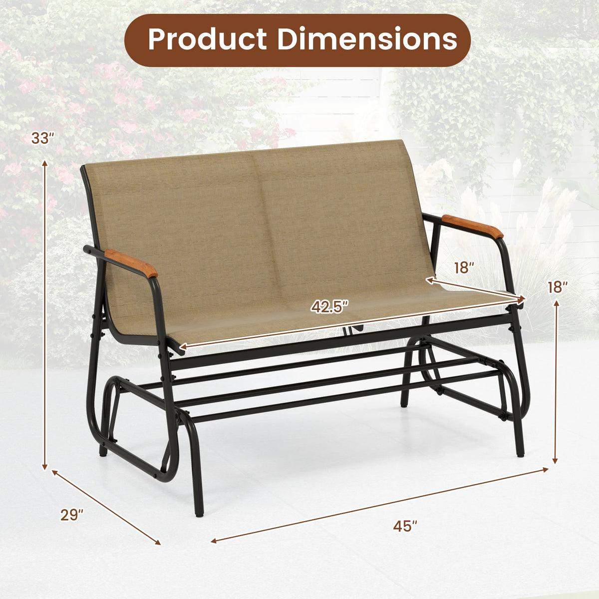 LIFEZEAL Outdoor Patio Glider Bench Loveseat With Curved Teak Armrests