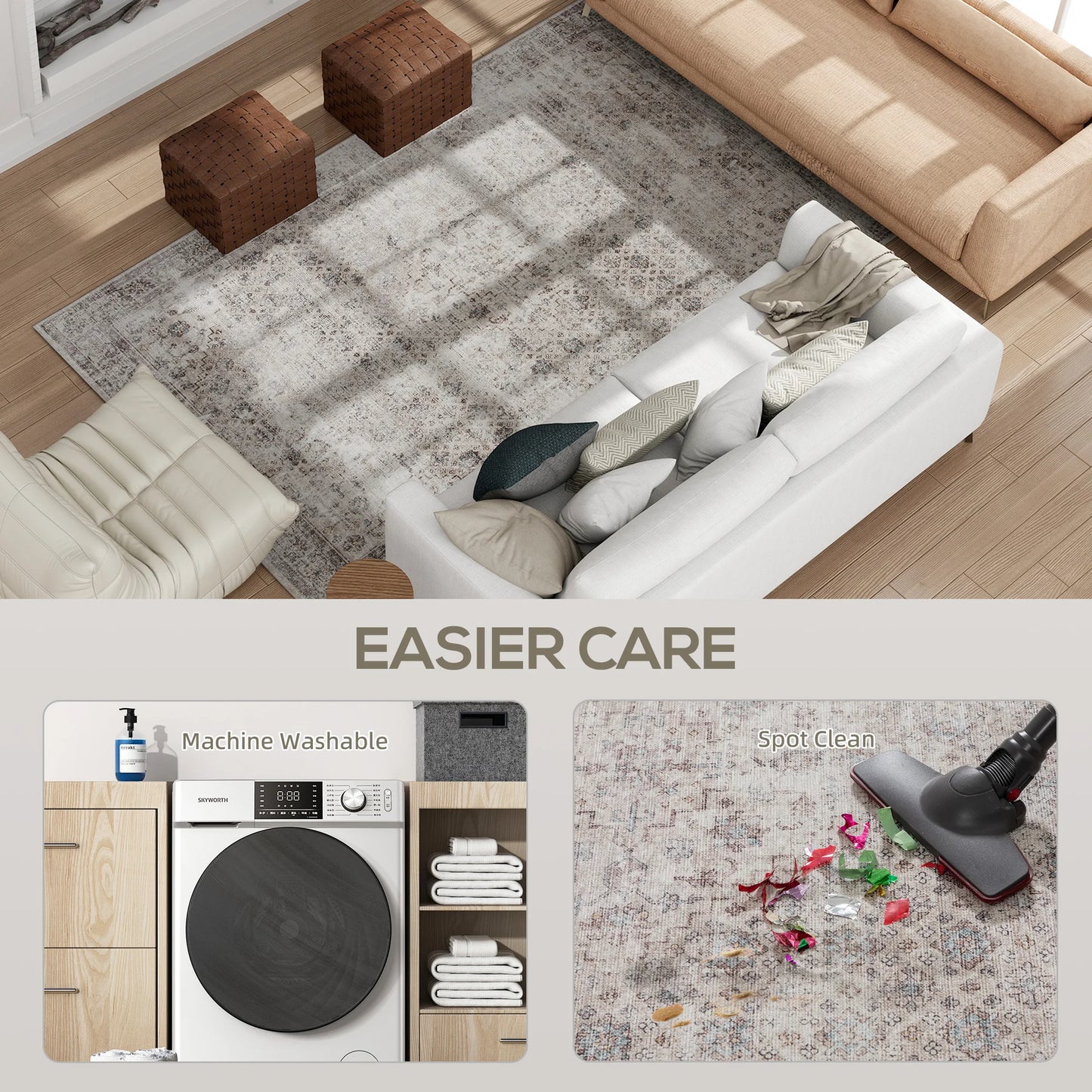 Machine Washable Geometric Area Rug With Non Slip Rubber Backing