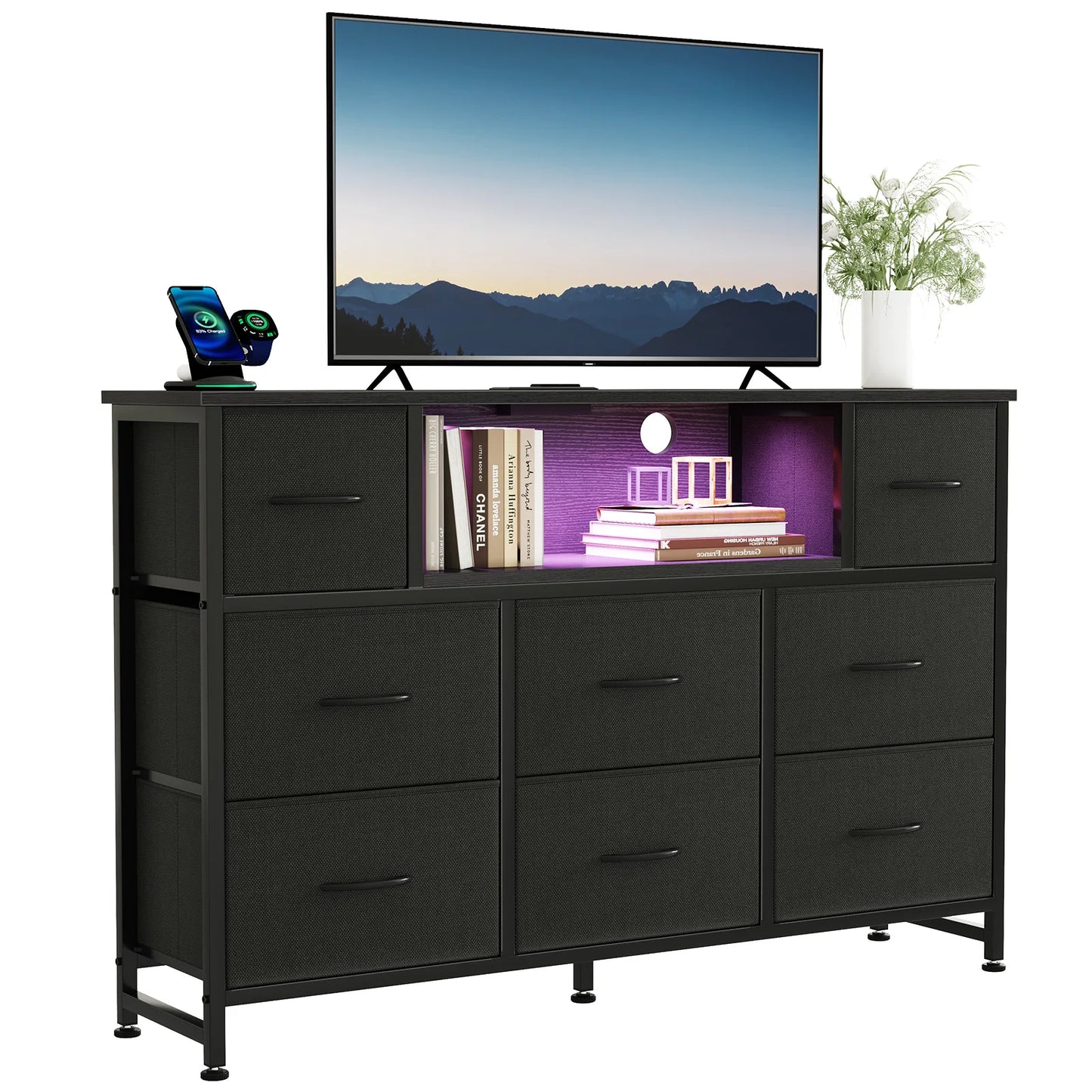 JHK LED TV Stand With Charging Station And Fabric Drawers