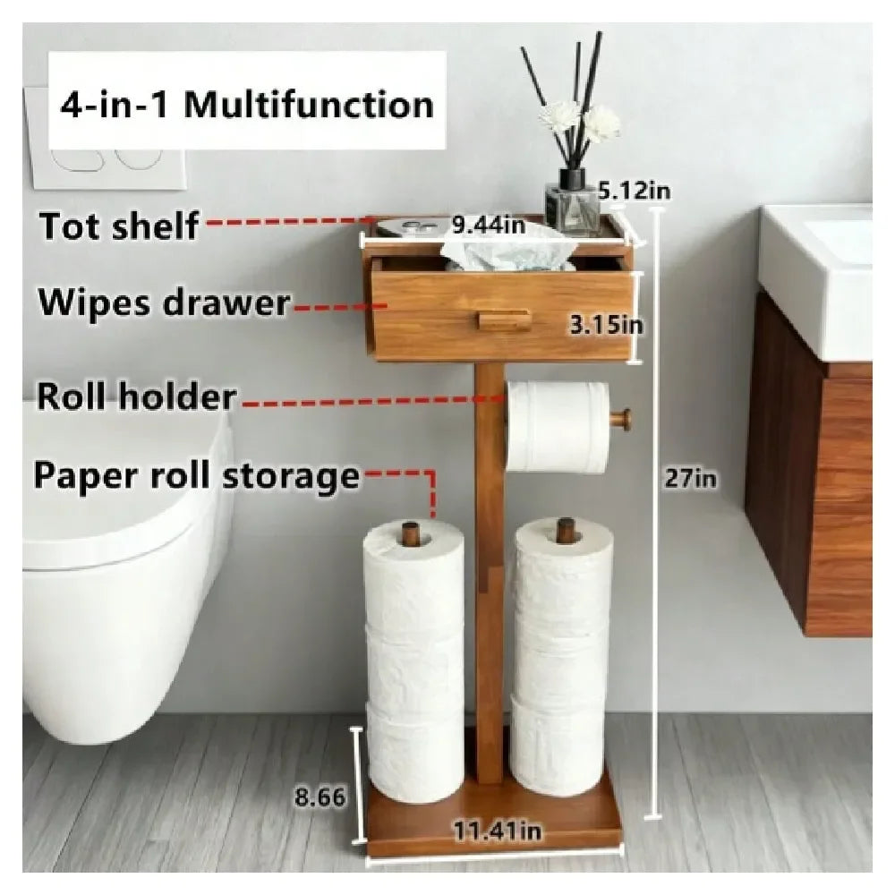 Wooden Toilet Paper Holder Stand With Shelf And Wipes Drawer