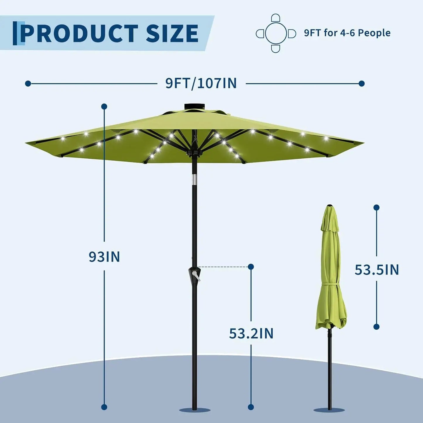 HiMISS Solar Patio Umbrella With 32 LED Lights And Crank Lift