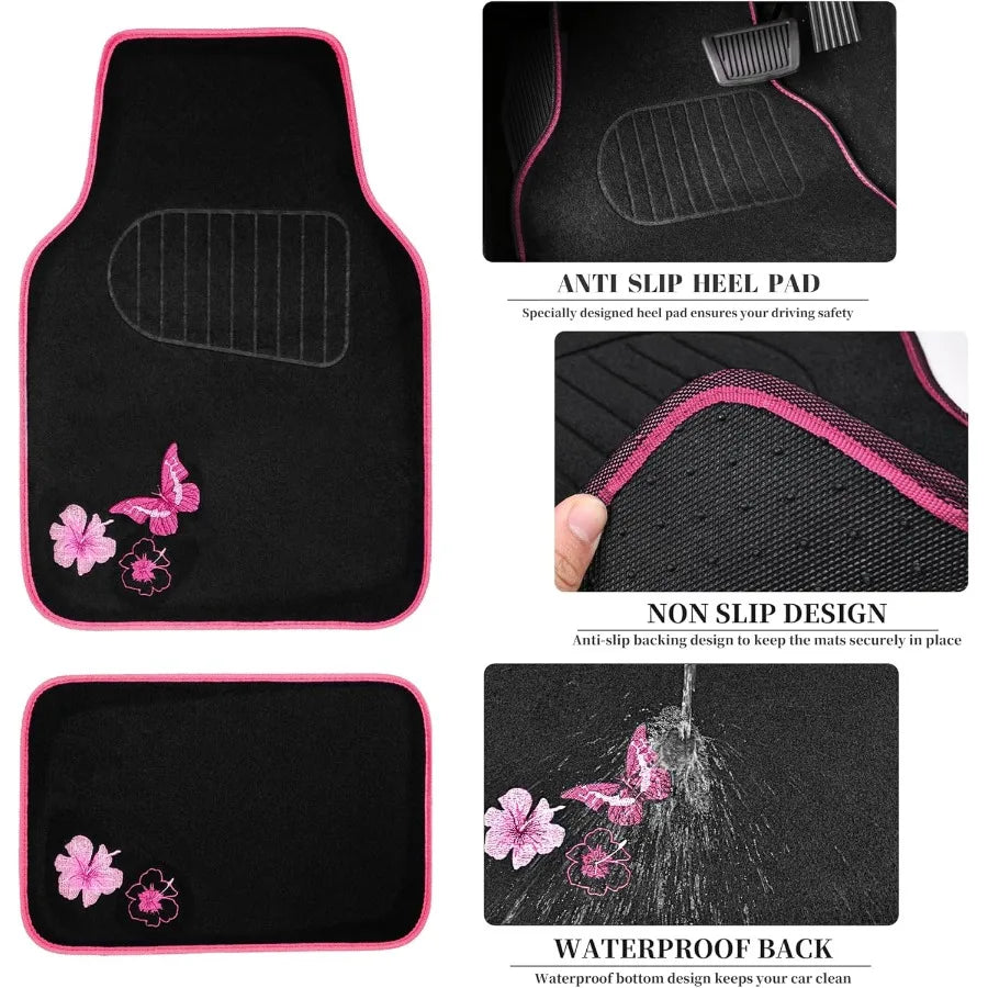 Embroidery Butterfly Steering Wheel Cover And Waterproof Car Floor Mats
