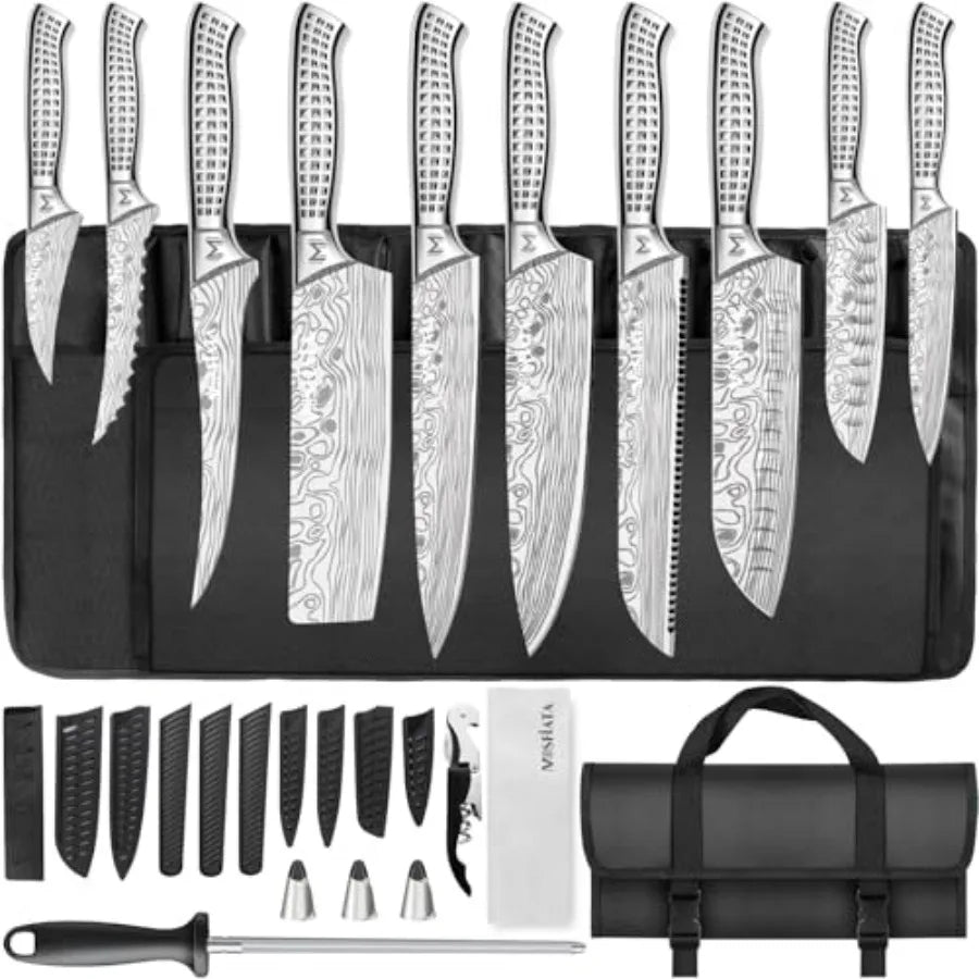 Japanese Stainless Steel Kitchen Knife Set With Sharpener And Storage Bag