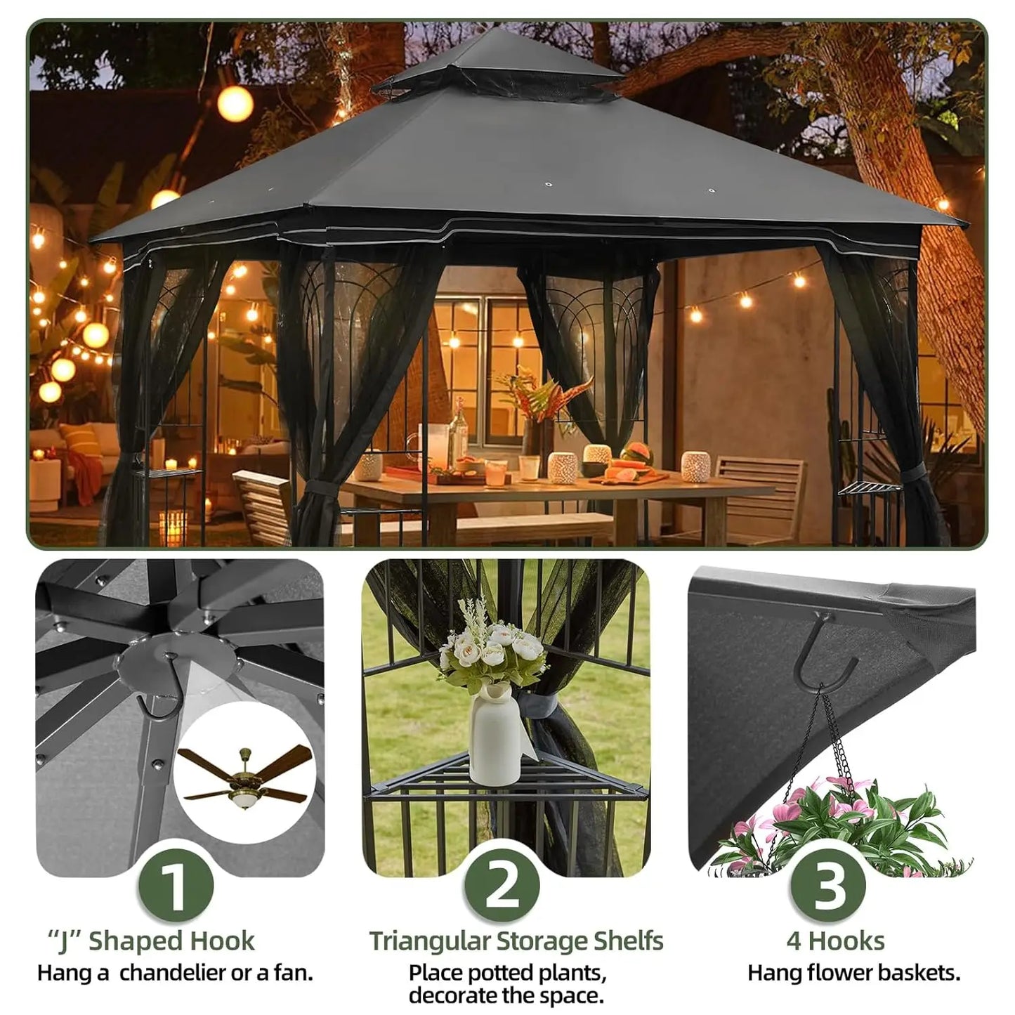 Outdoor Gazebo Heavy Duty Canopy Tent With Double Roofs