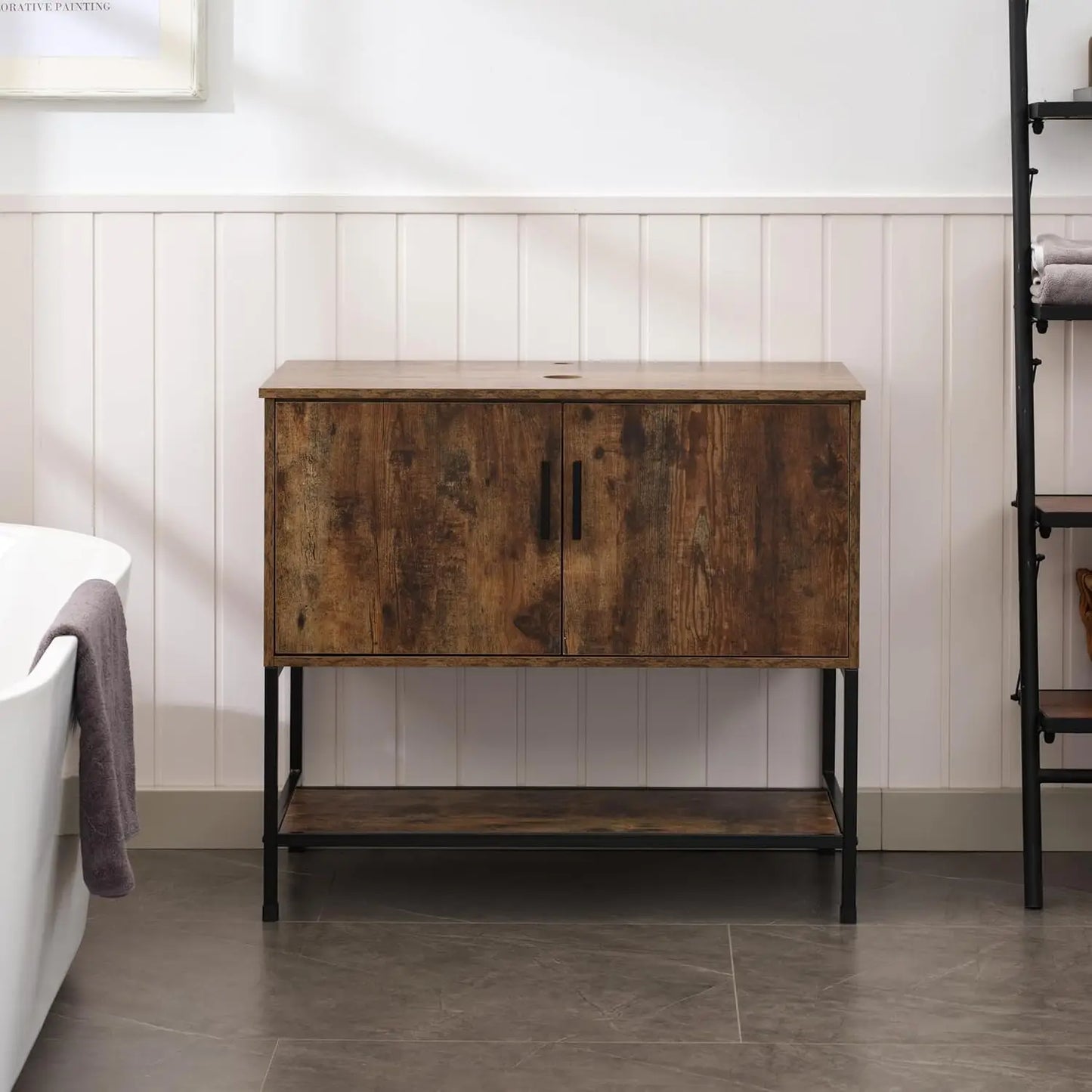 Rustic Industrial Bathroom Vanity With Sink Iron Frame Doors and Shelf