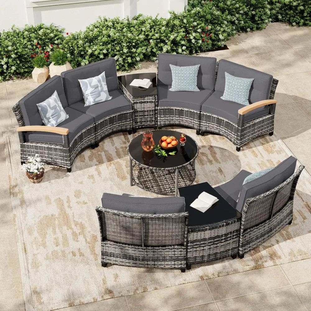 Outdoor 9-Piece Curved Patio Furniture Set With Wood Armrests