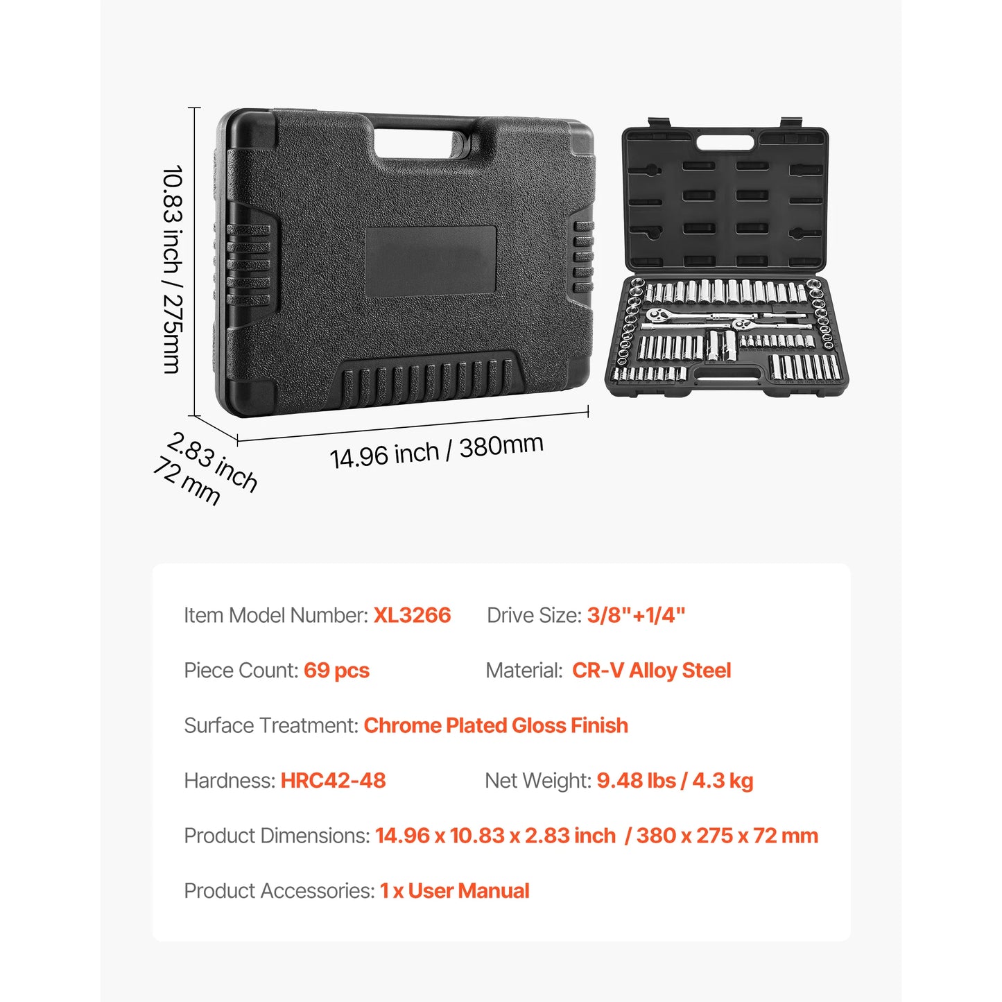 SucceBuy 86 Piece Socket Set With Ratchet Wrench SAE Metric