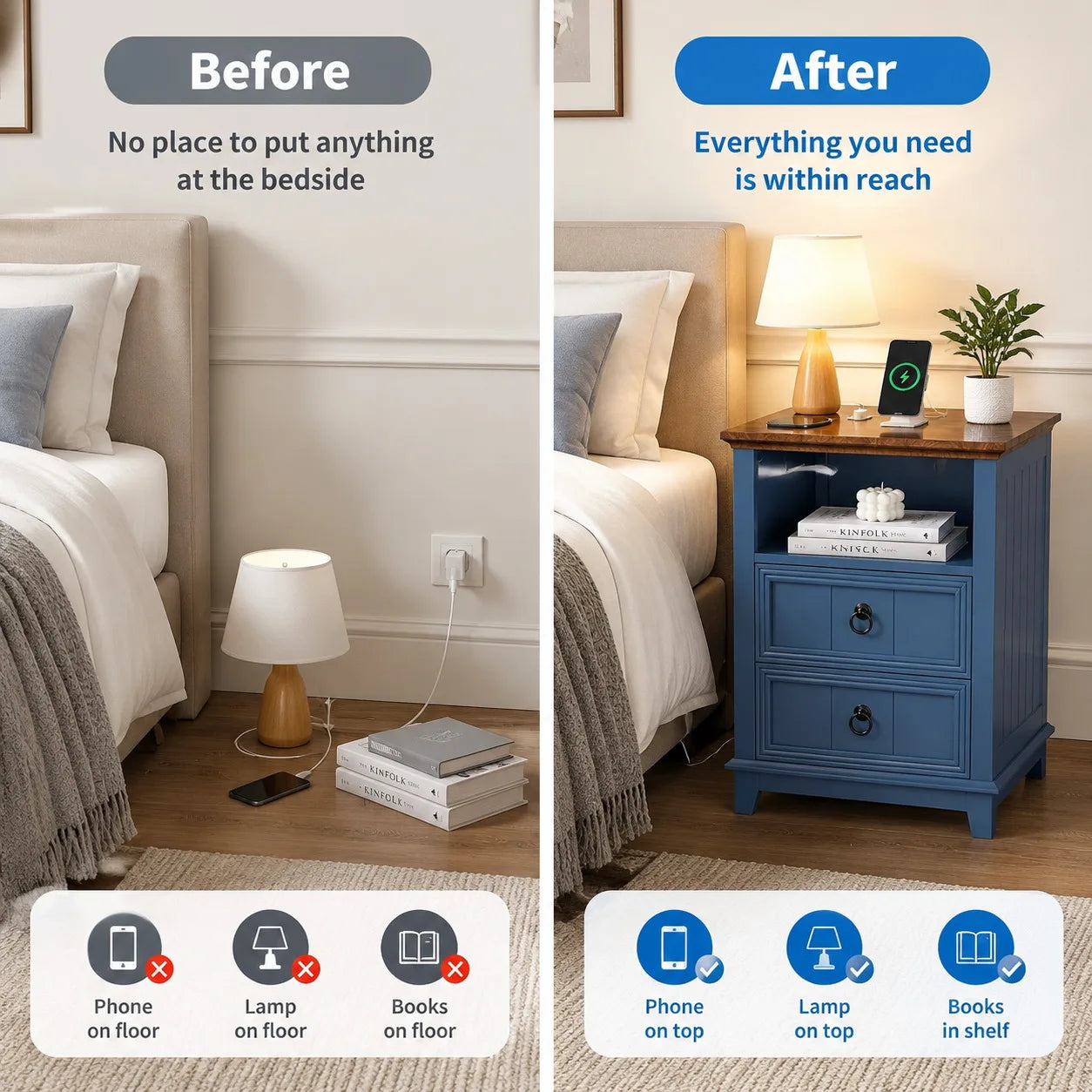 Modern Fluted Wood Nightstand With USB Charging And Storage Shelf