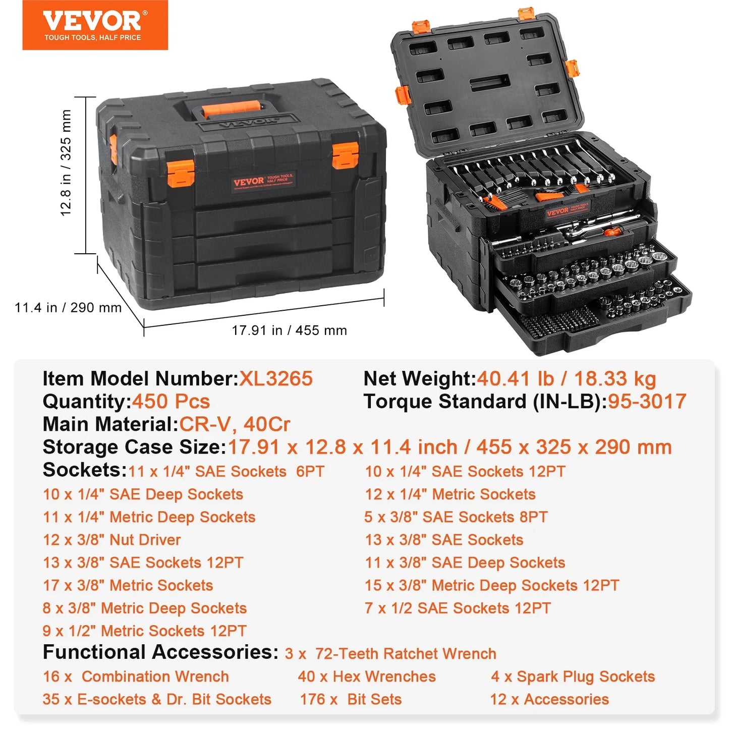 SucceBuy Mechanics Tool Set And Socket Set Kit For SAE And Metric