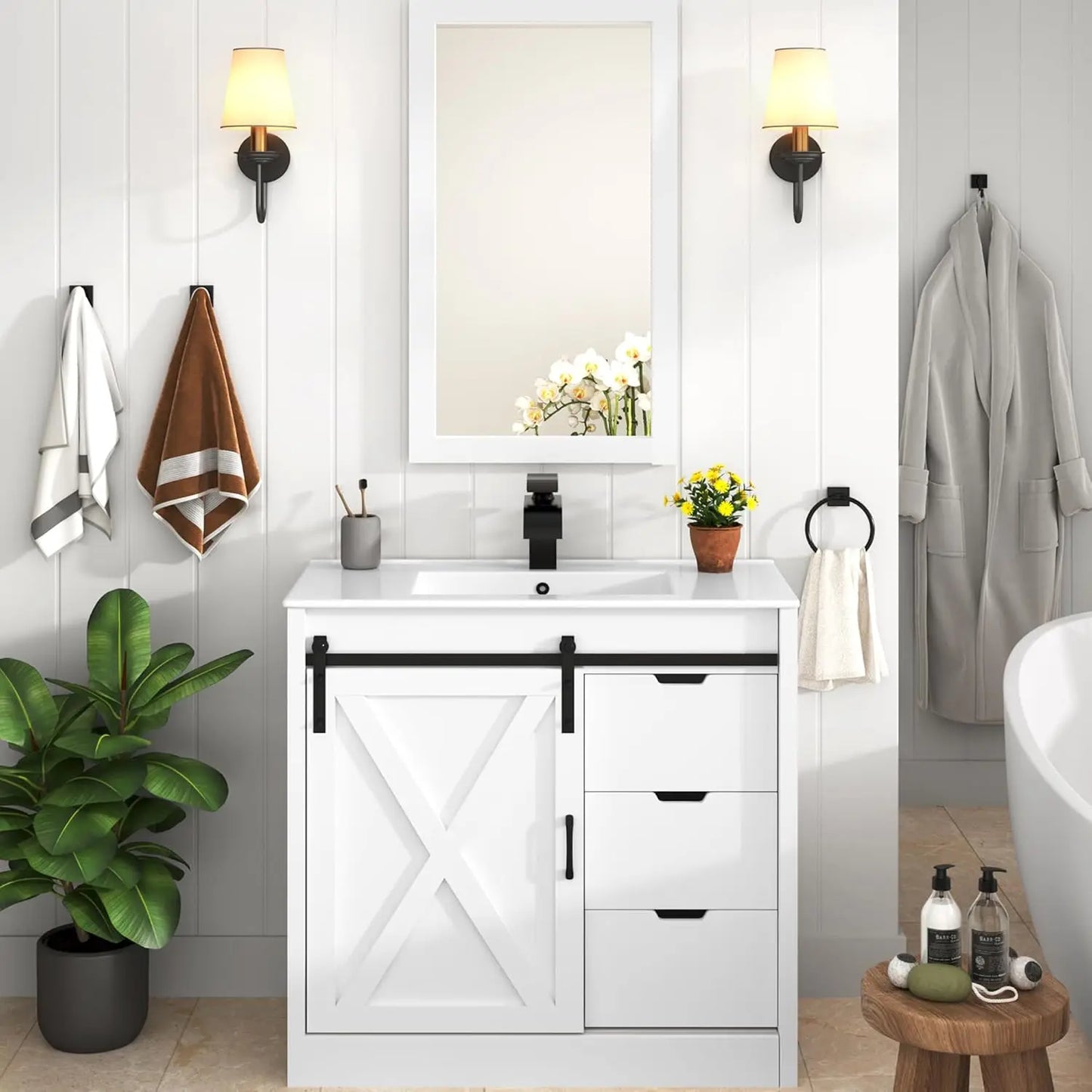 Guangbai Bathroom Vanity With Sink Faucet Mirror Farmhouse Storage Cabinet