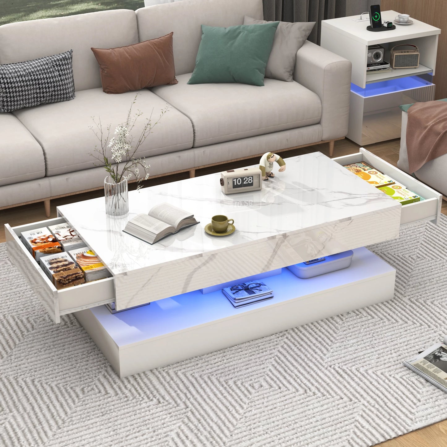 QiaoShiRen Modern LED Coffee Table With Two Drawers And Storage