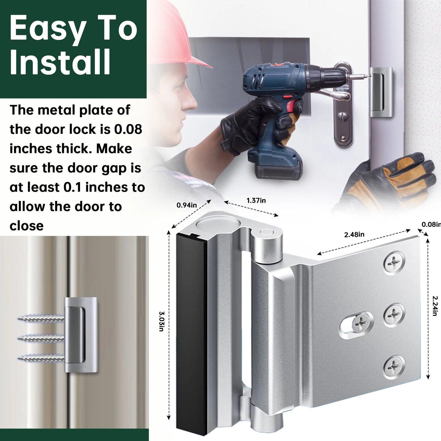 Aluminum Alloy Anti Theft Door Lock Reinforcement Latch 800Lbs