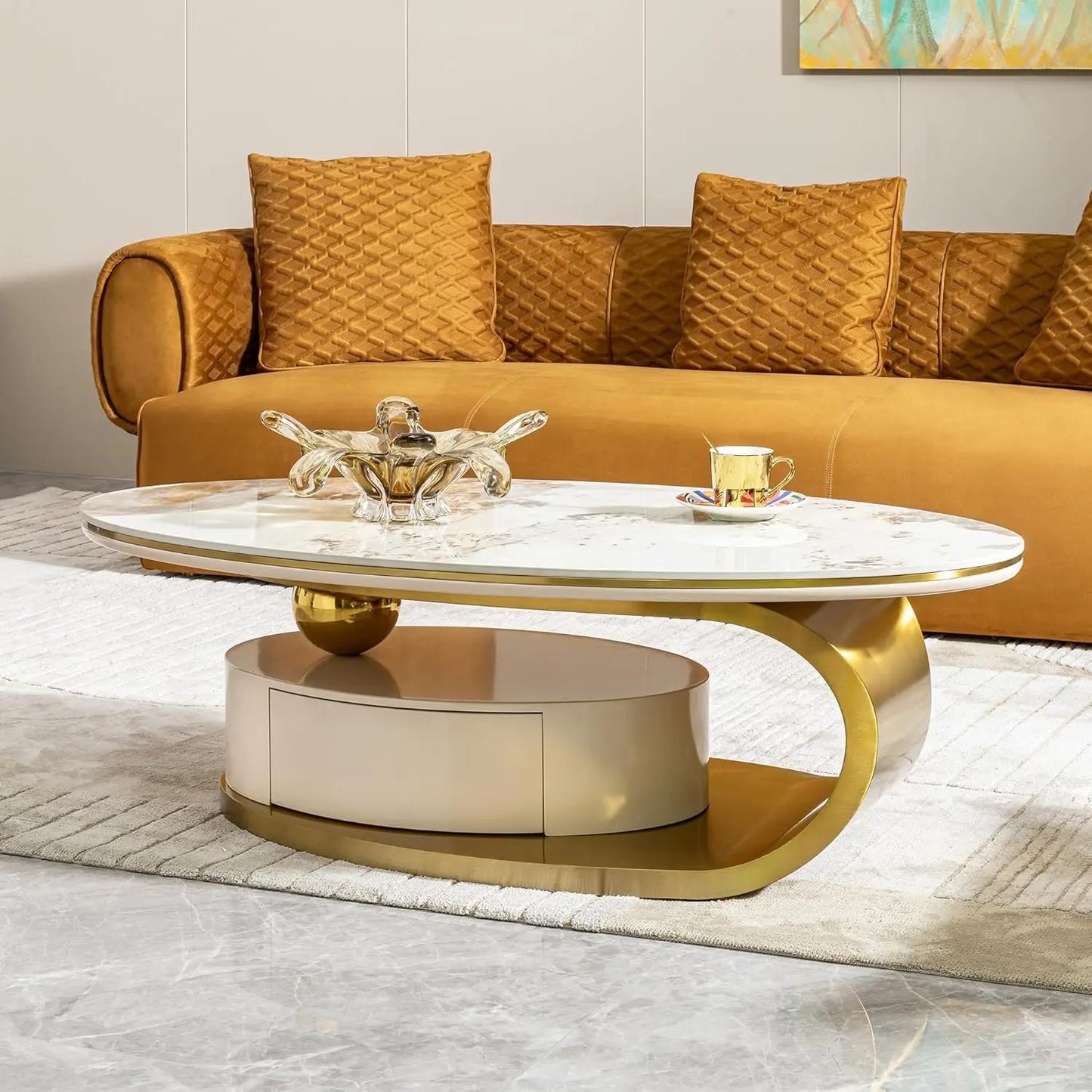 Modern Coffee Table Stainless Steel Pedestal And Faux Stone Top