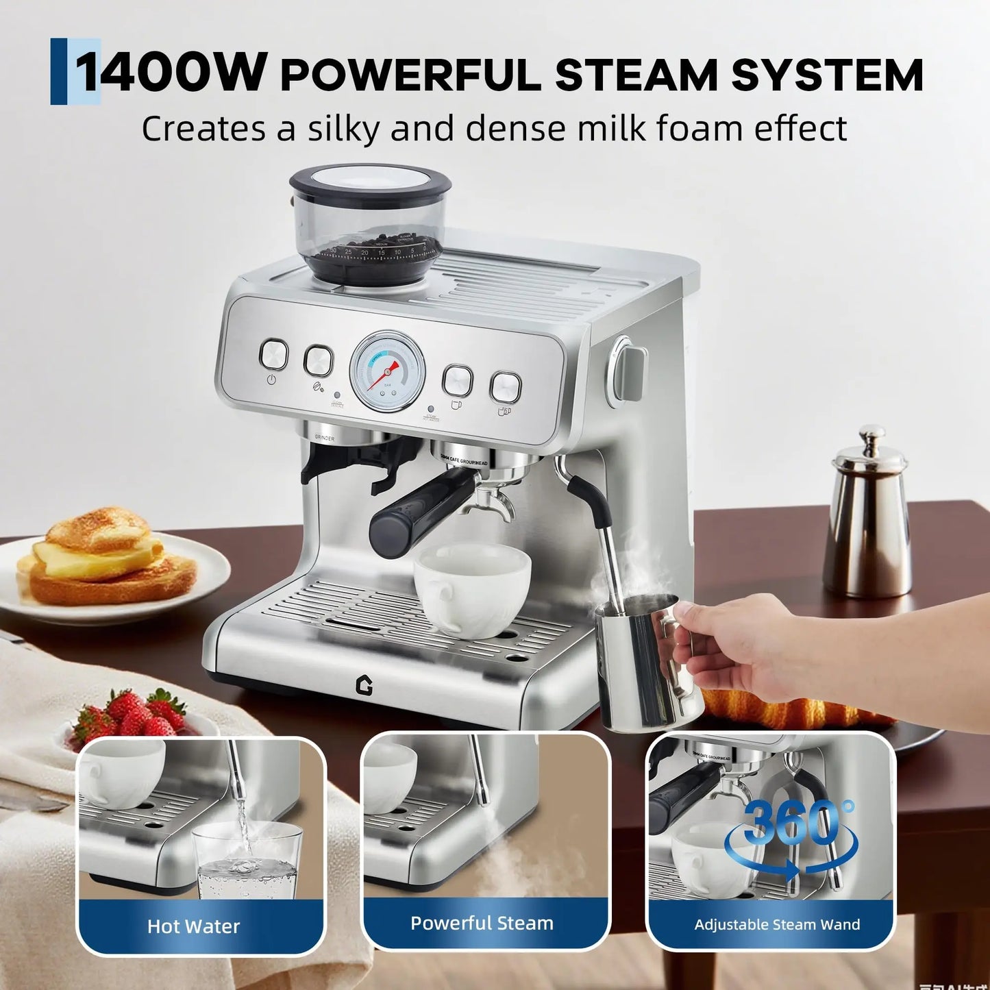 HiMISS Espresso Machine With Integrated Conical Burr Grinder