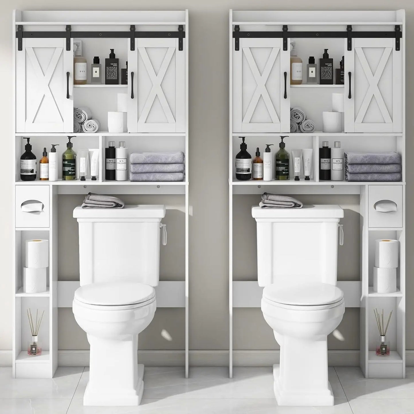 Over Toilet Storage Cabinet Farmhouse Bathroom Organizer With Sliding Doors