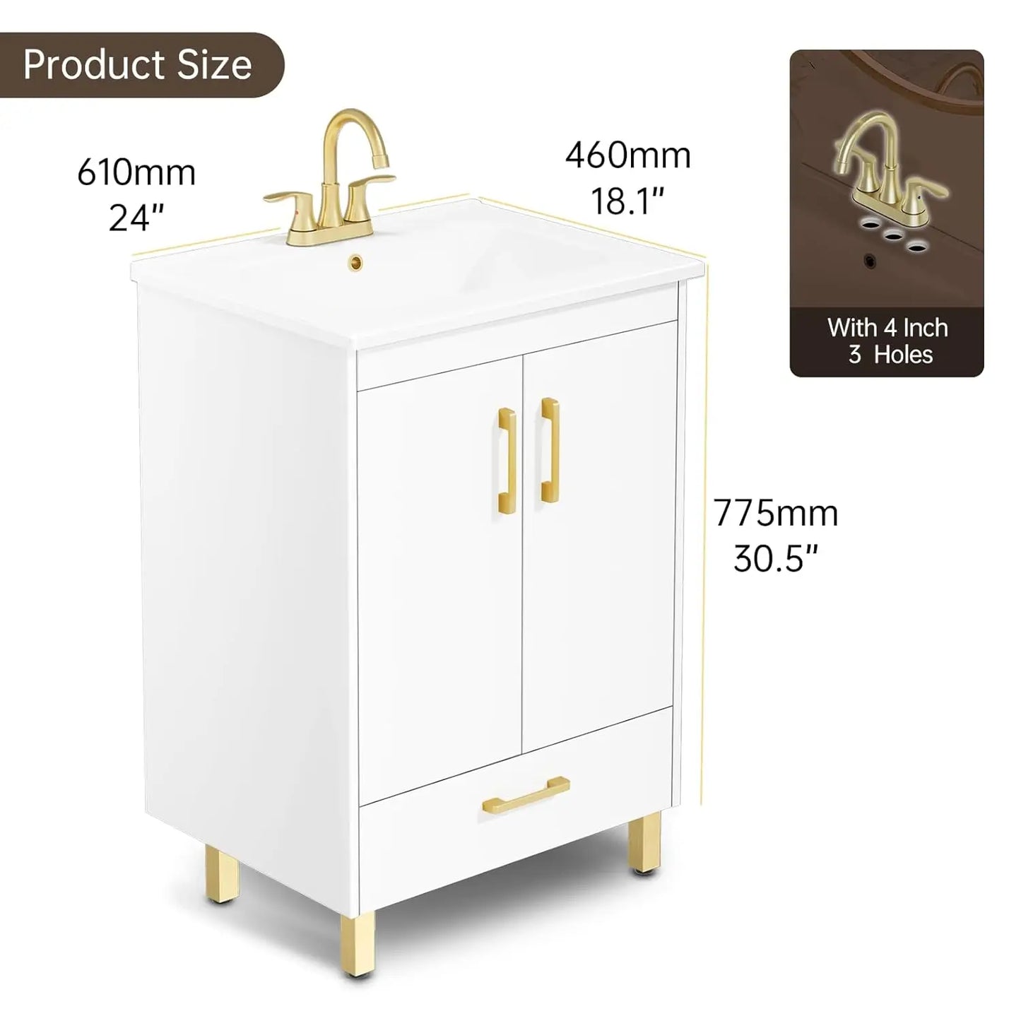 White Bathroom Vanity With Ceramic Sink And Soft Close Doors