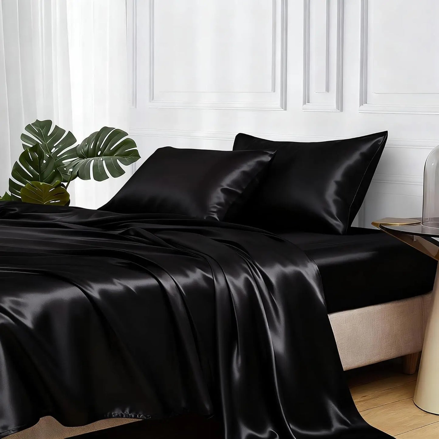 Satin Bed Sheets Set With Deep Pockets And Corner Straps