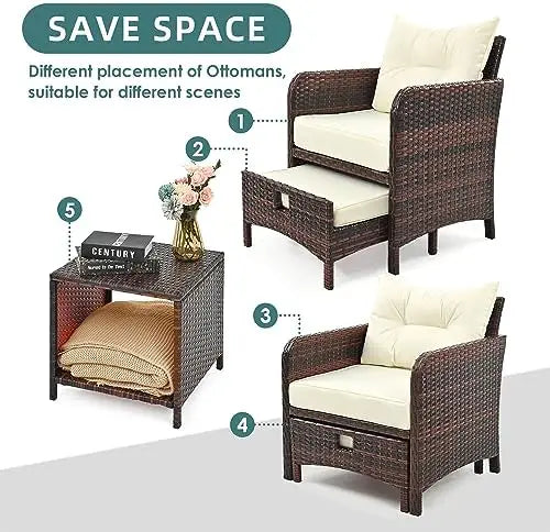 Outdoor Rattan Patio Furniture Set 5 Pieces With Ottomans And Coffee Table