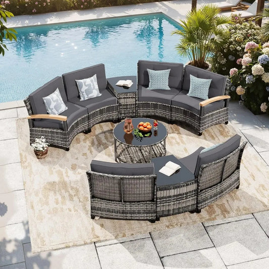 Outdoor 9-Piece Curved Patio Furniture Set With Wood Armrests