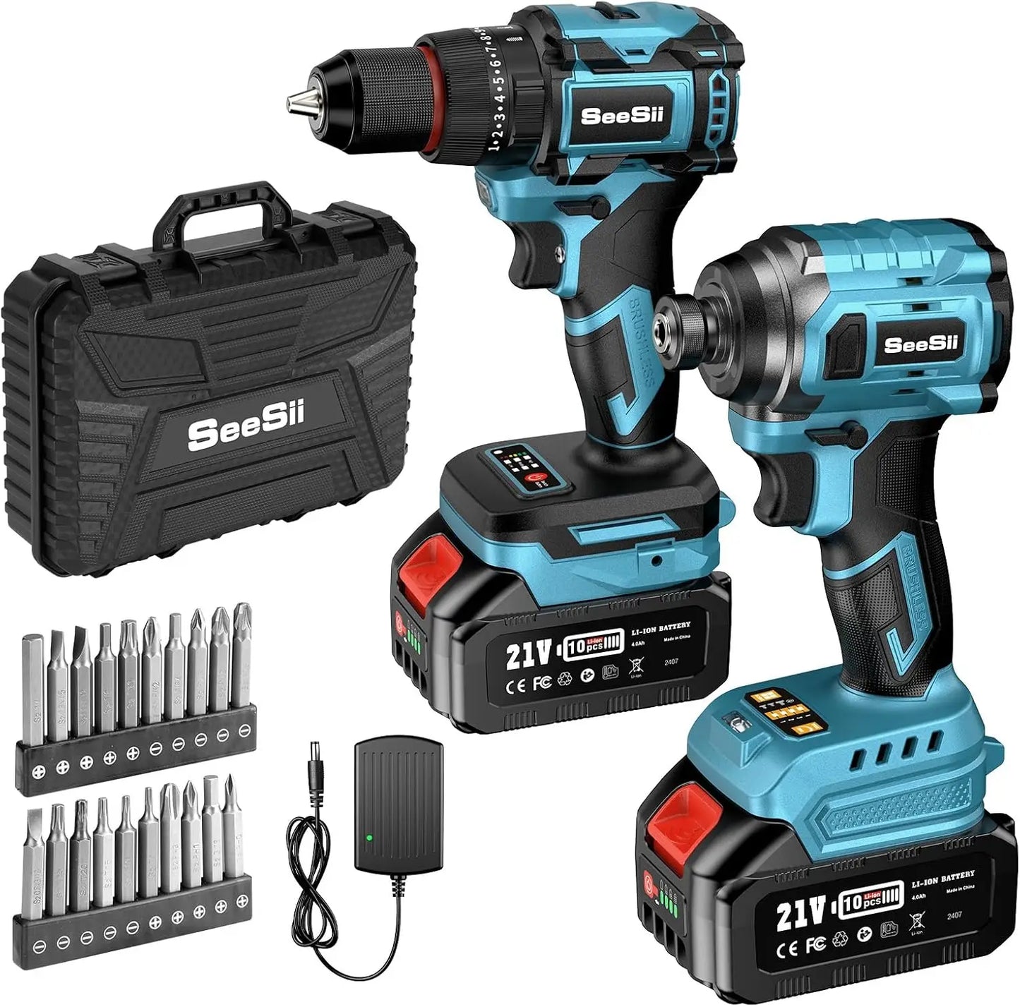 Seesii 21V Max Cordless Drill and Brushless Impact Wrench