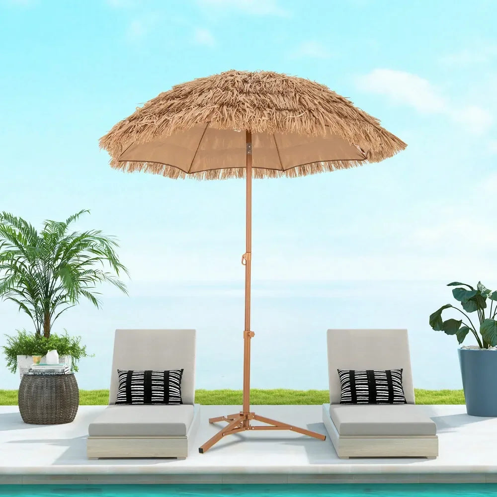 Thatched Tiki Umbrella With Foldable Stand Hawaiian Style Beach