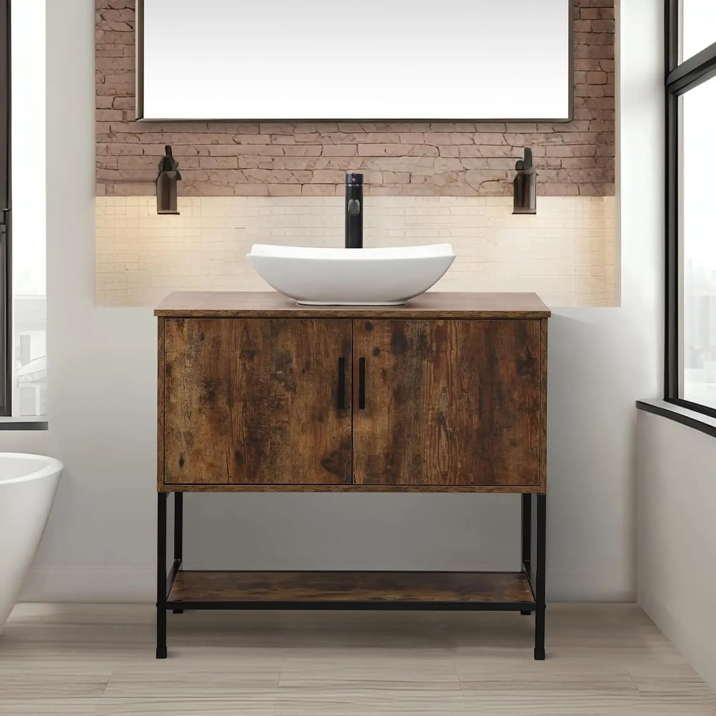 Rustic Industrial Bathroom Vanity With Sink Iron Frame Doors and Shelf