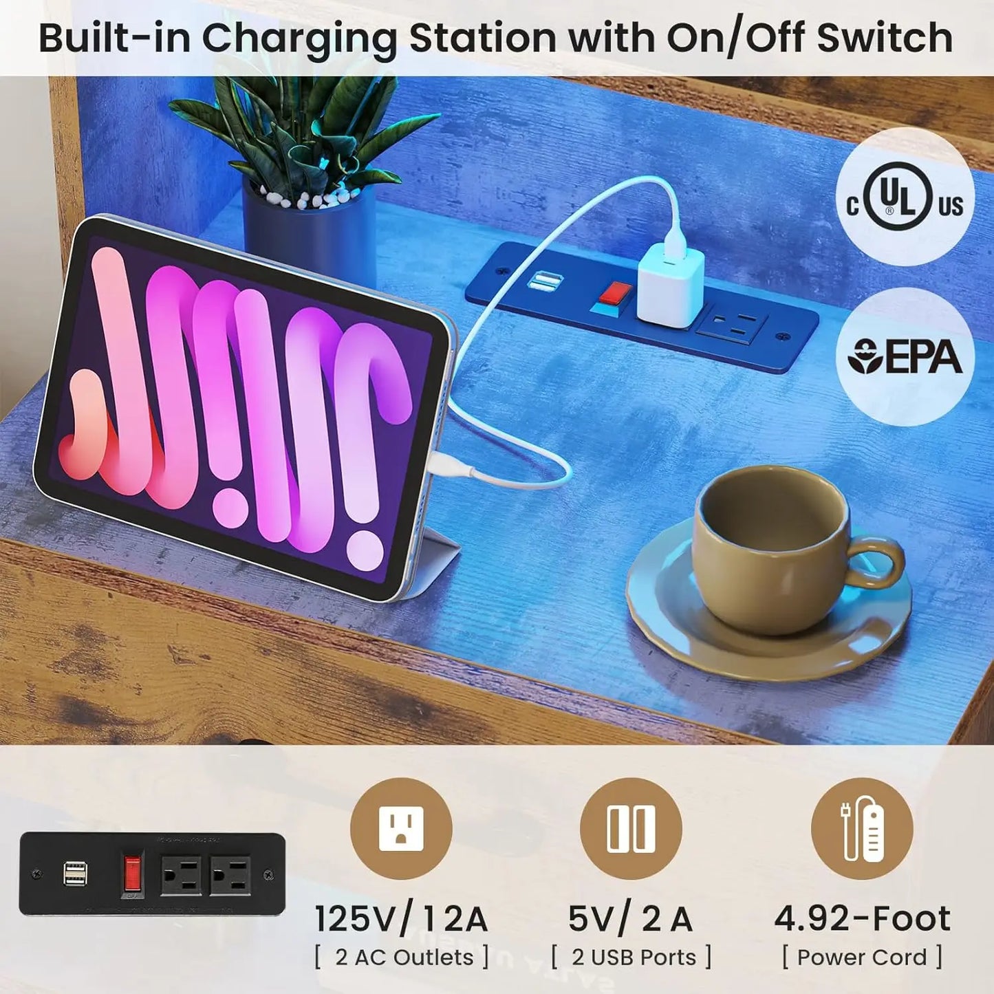 MOYU Nightstand With Charging Station And Led Lights