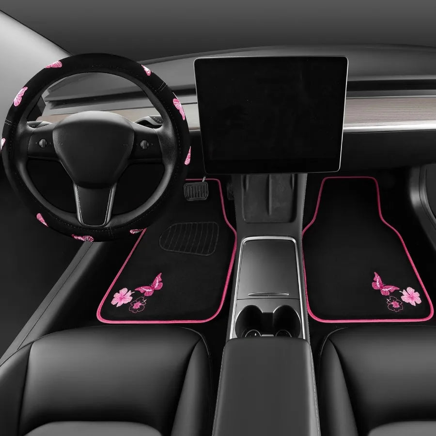 Embroidery Butterfly Steering Wheel Cover And Waterproof Car Floor Mats