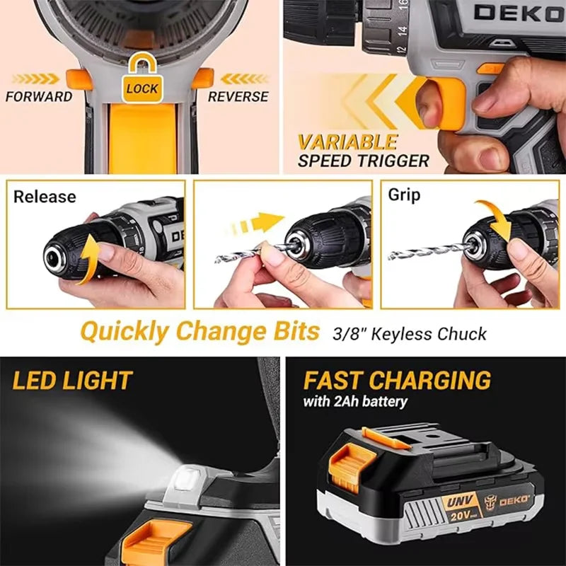 DEKO 20V Cordless Drill Kit With Battery For Household Use