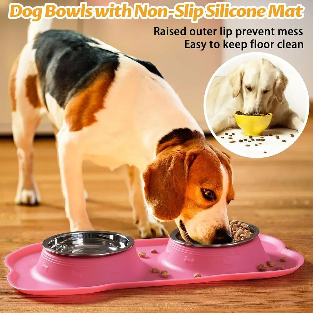 Stainless Steel Dog Bowls Set With No Spill Silicone Mat