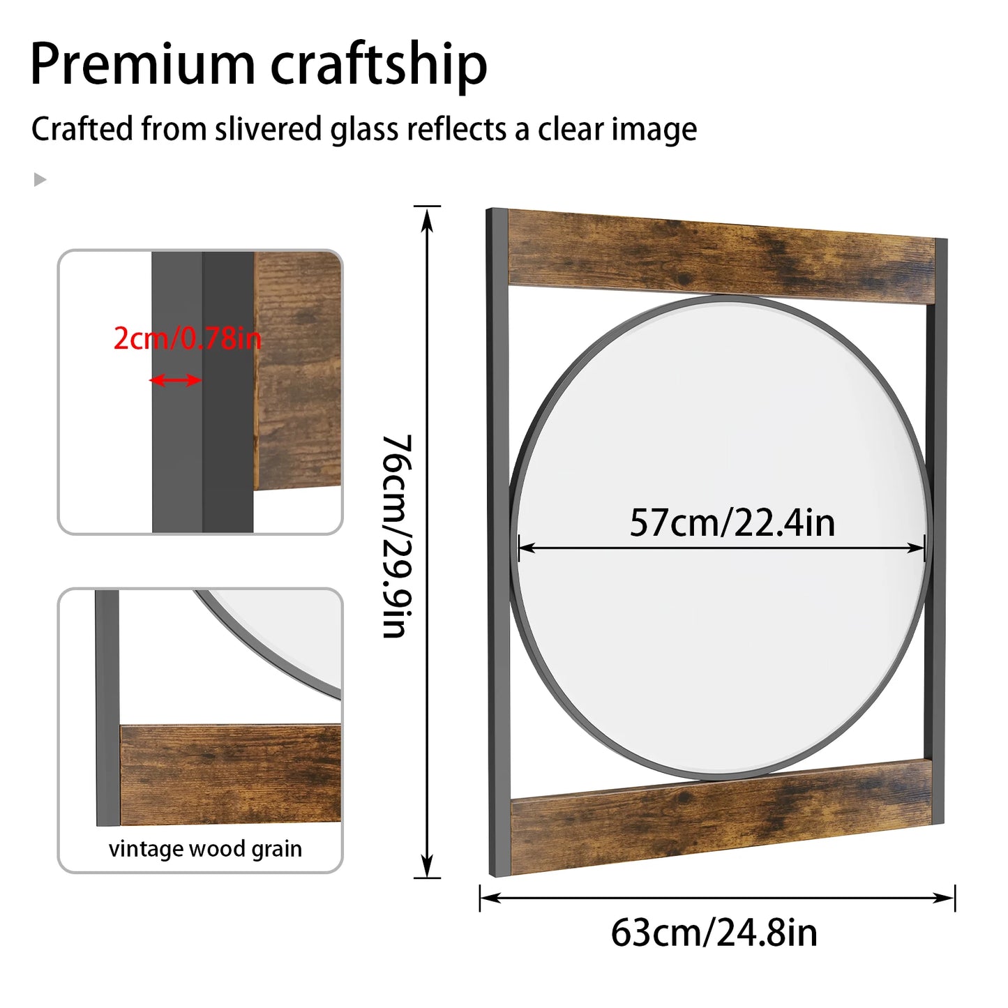 Industrial Metal Wood Frame Wall Mount Mirror For Bathroom And Living Room
