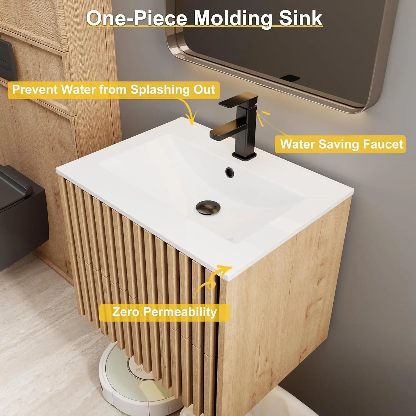 Floating Bathroom Vanity With Sink And Two Fluted Drawers