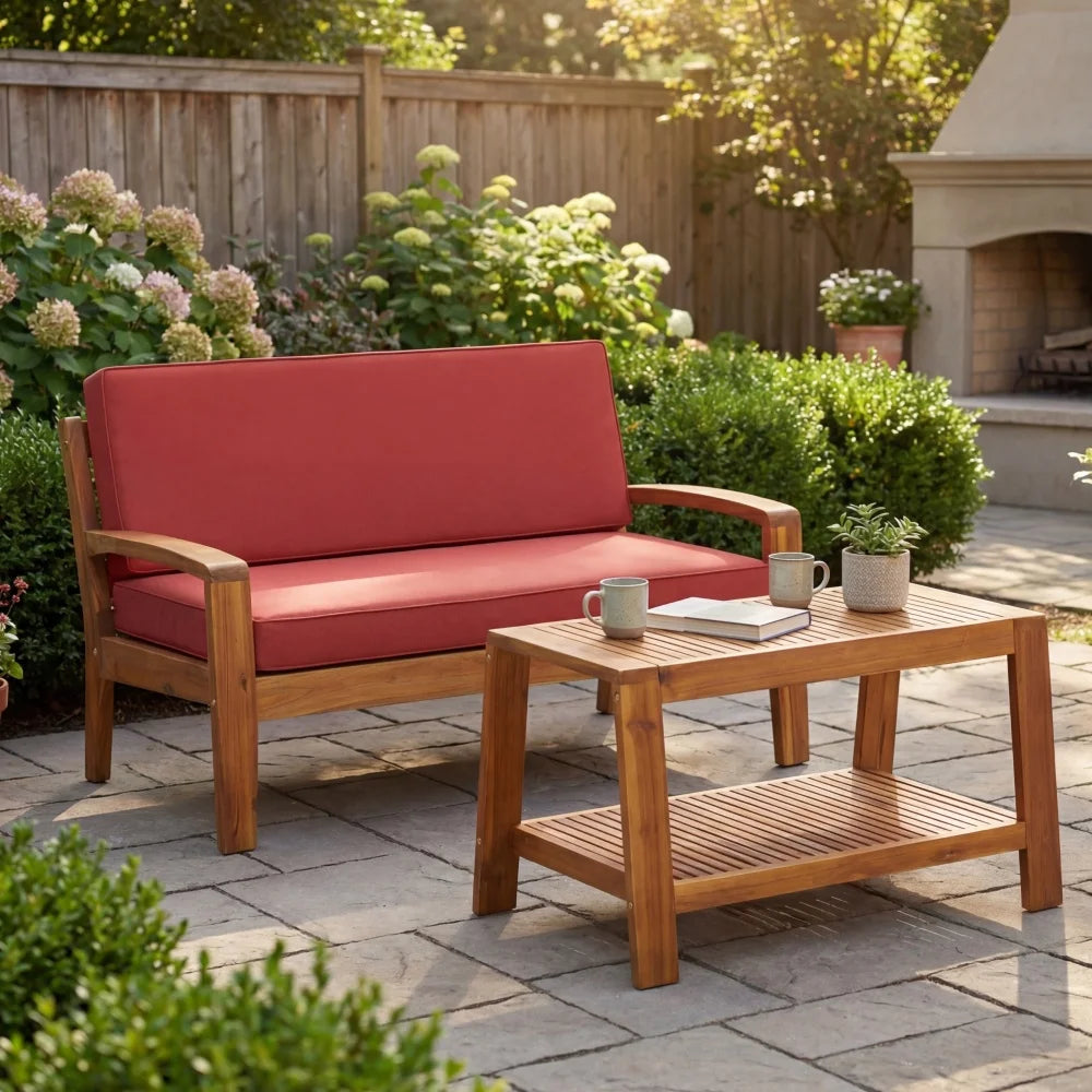 Outdoor Teak Acacia Wood Two Piece Conversation Set With Cushions