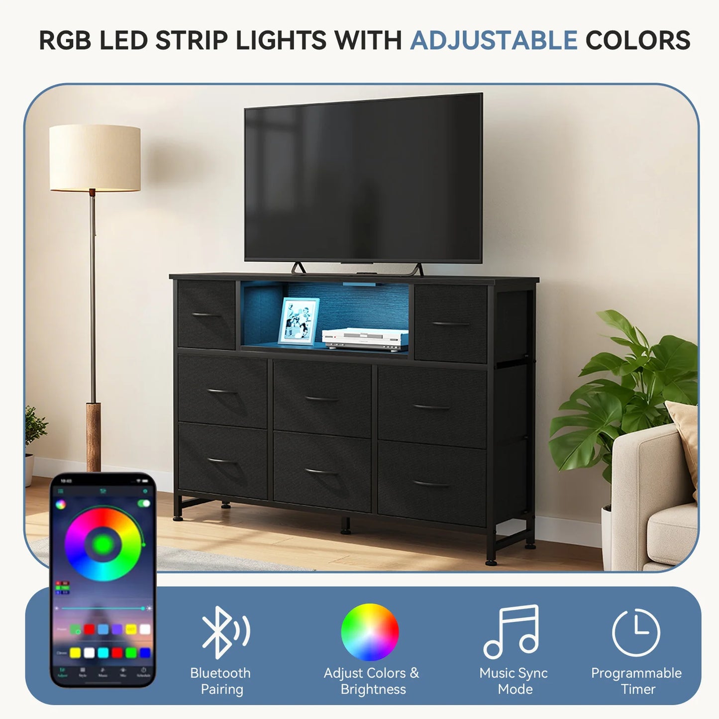 JHK LED TV Stand With Charging Station And Fabric Drawers