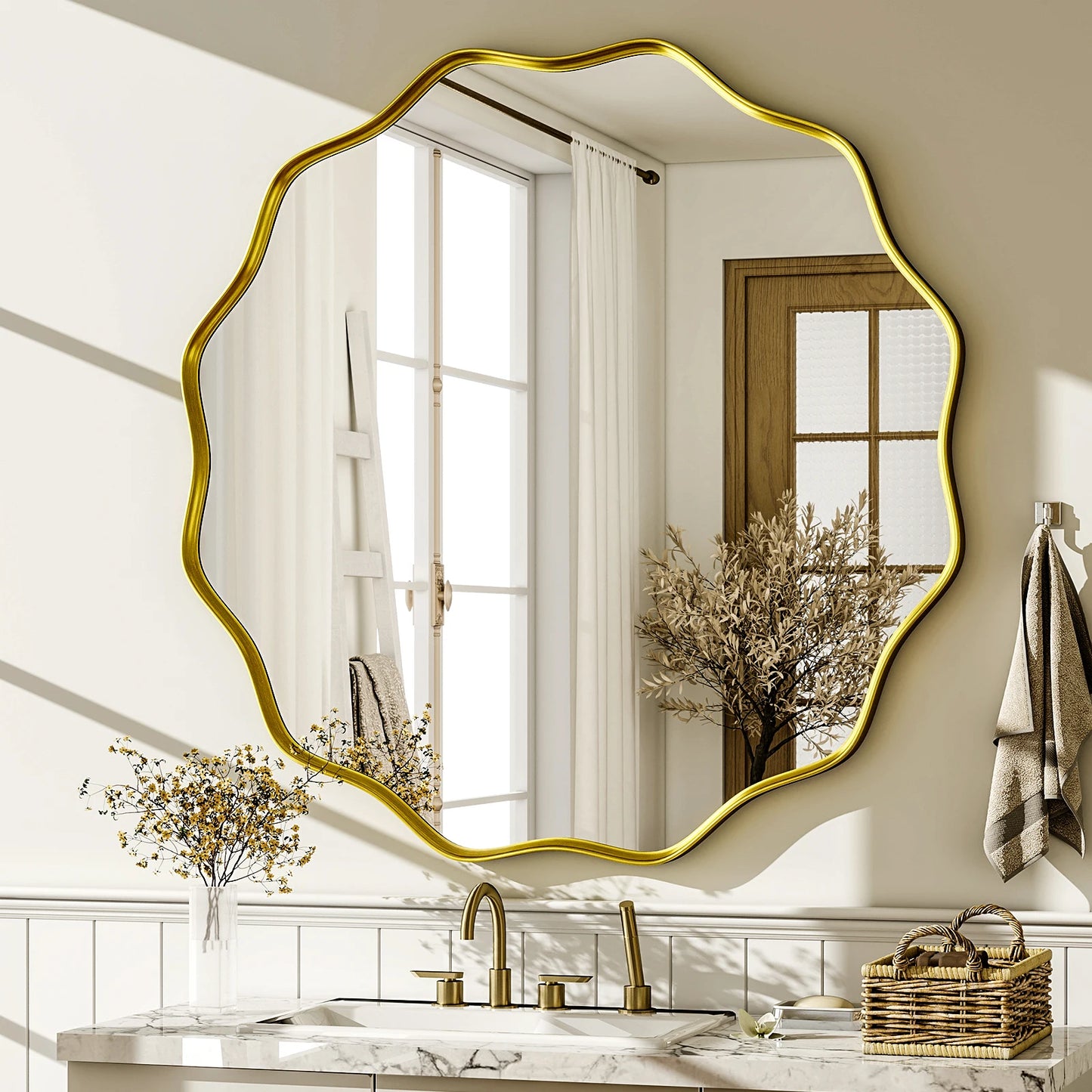 BEAUTYPEAK Wavy Round Bathroom Mirror Decorative With Deep Frame