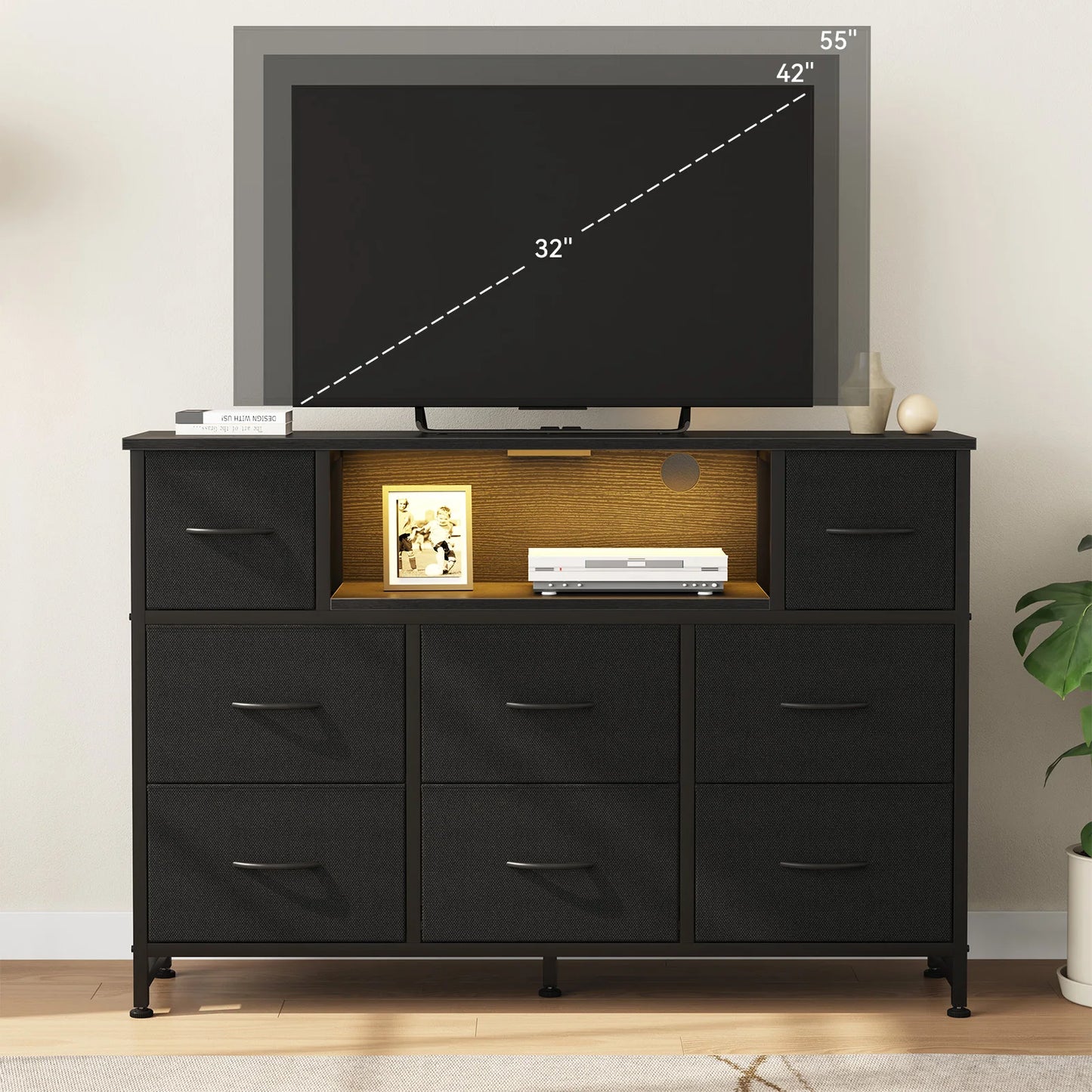 JHK LED TV Stand With Charging Station And Fabric Drawers