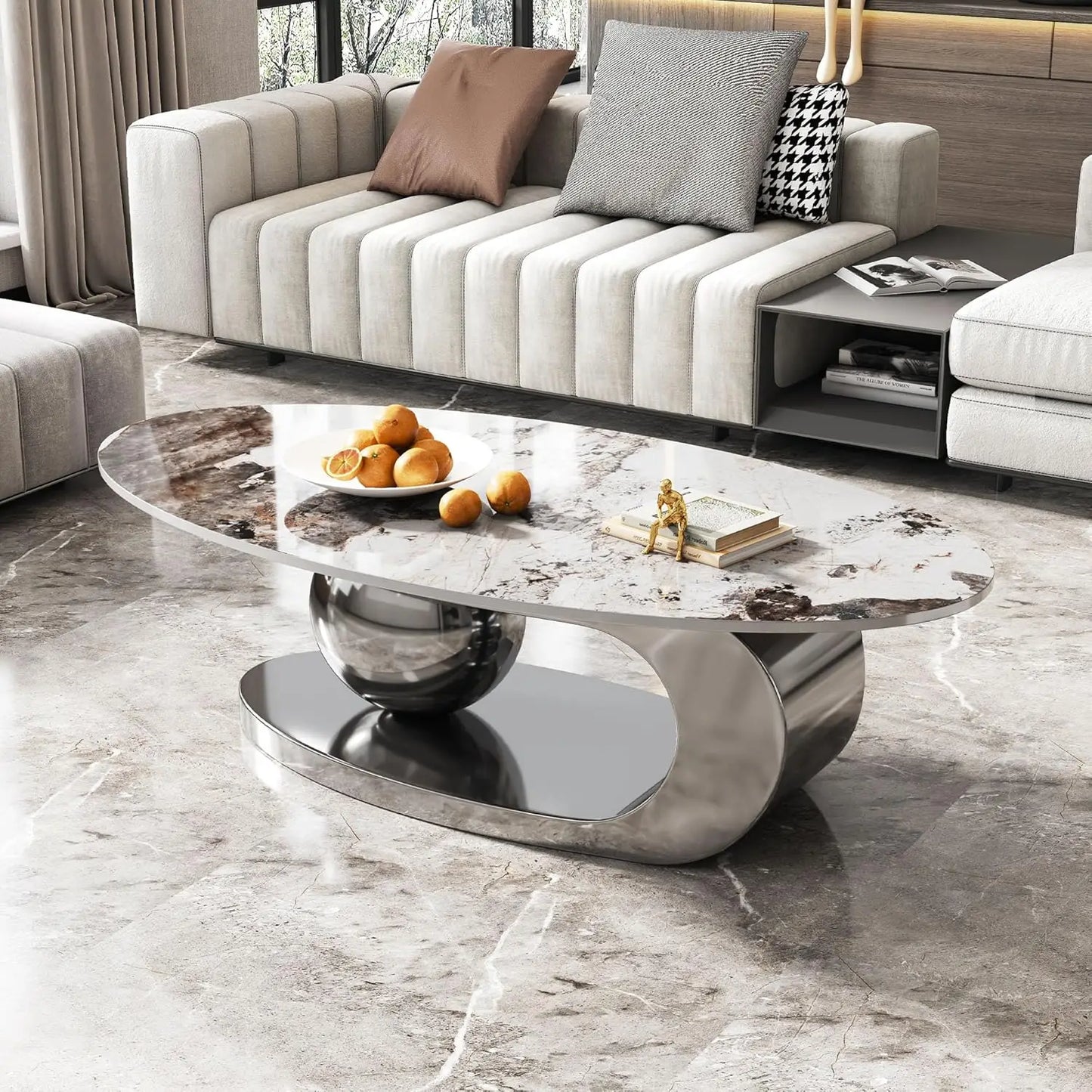 Modern Coffee Table Stainless Steel Pedestal And Faux Stone Top