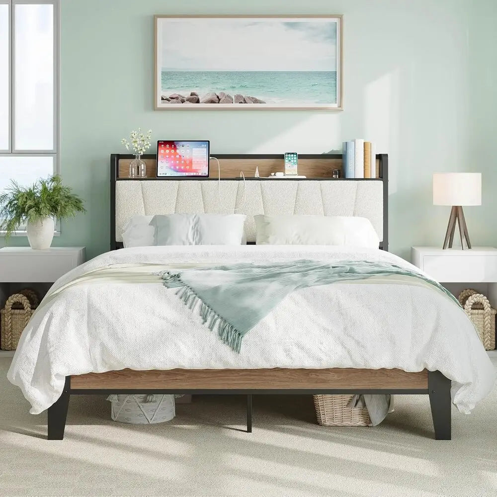 LIKIMIO Bed Frame With Storage Headboard And Charging Station