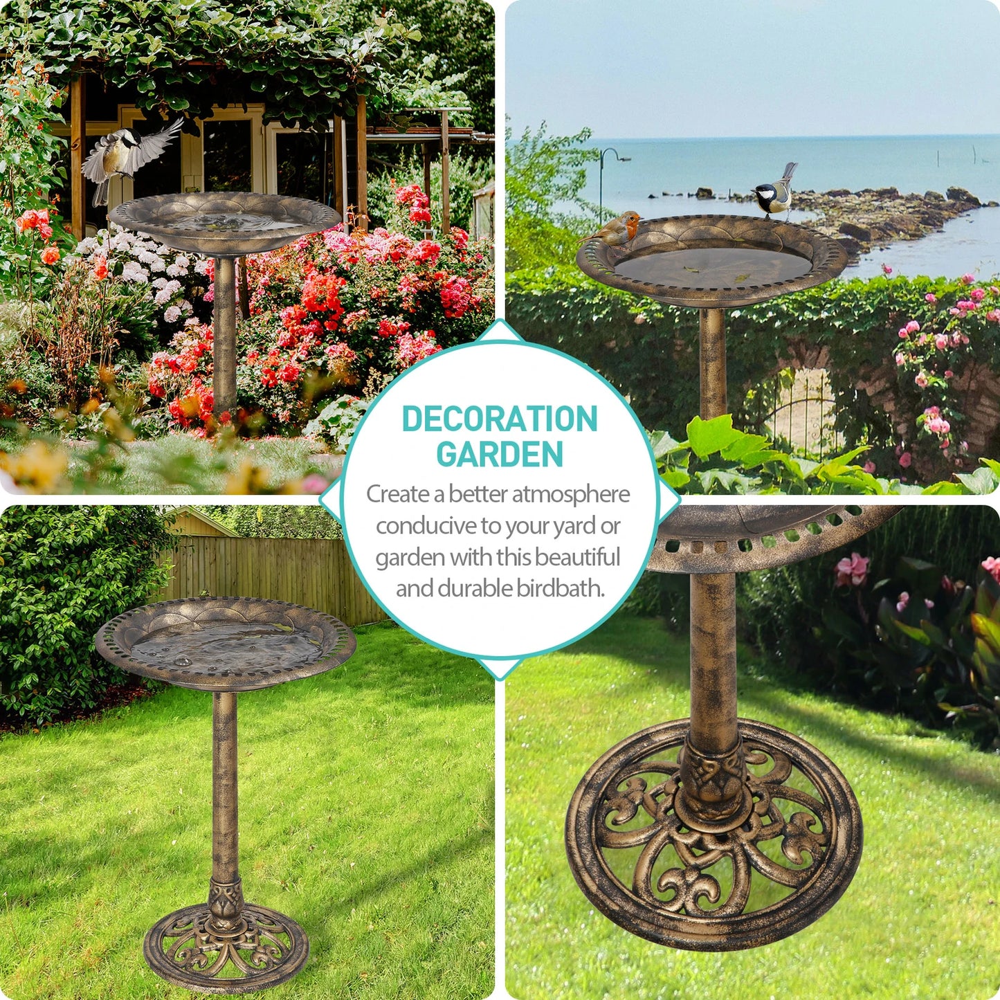 Pedestal Bird Bath Freestanding Antique Green Garden Decor